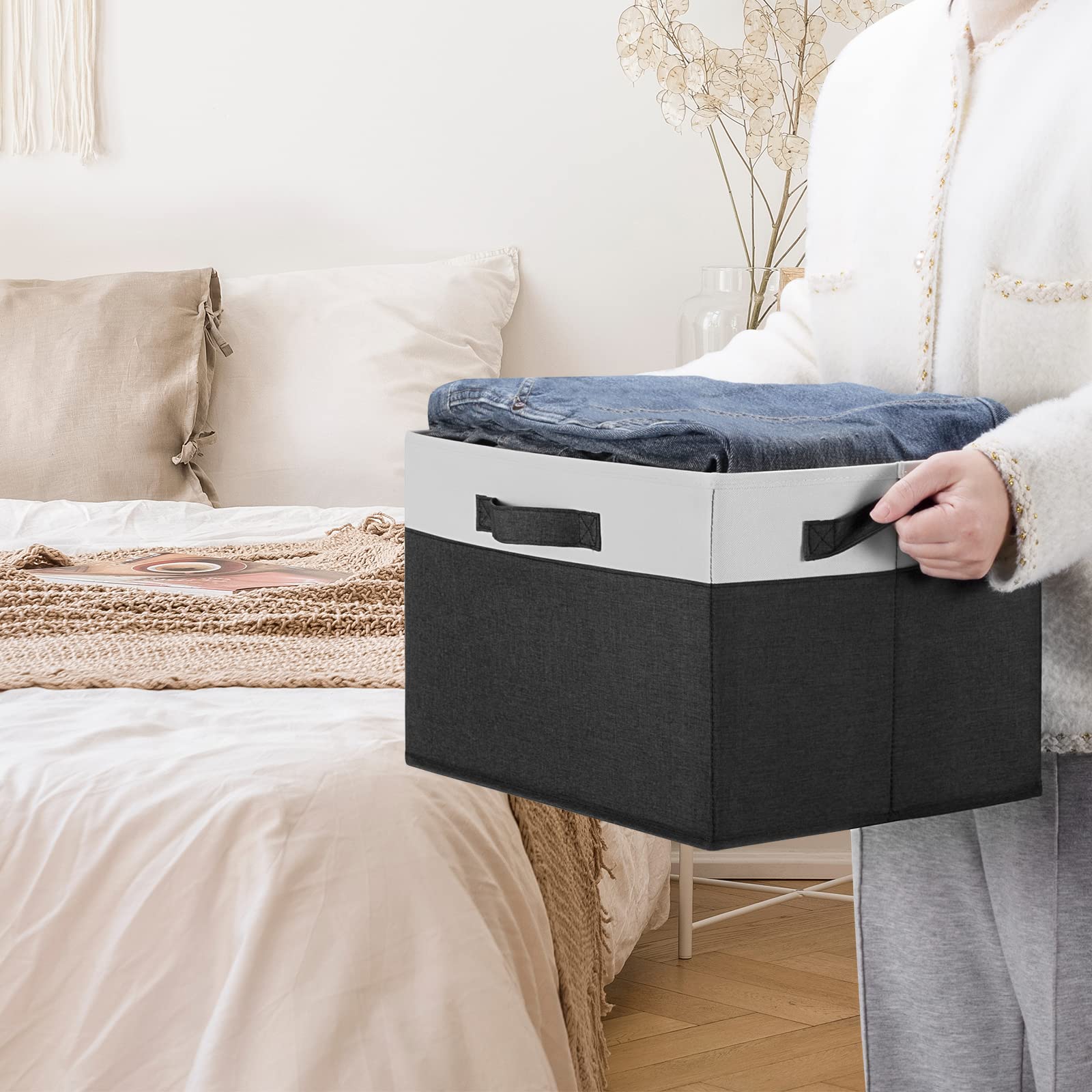 Sturdy Fabric Storage Bins with Lid (6-Pack) - Large Closet Organizer Boxes with 3 Handles & Label Window - Perfect for Home, Bedroom, Office & Kids' Toy Storage (Black, 15