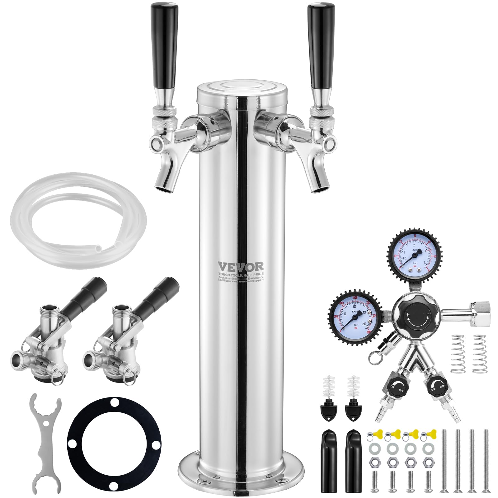 VEVOR Dual Tap Beer Dispenser Tower with Stainless Steel Drip Tray, W21.8 Regulator & Double Gauge for Kegs - Perfect for Home Bars, Parties, and Commercial Use