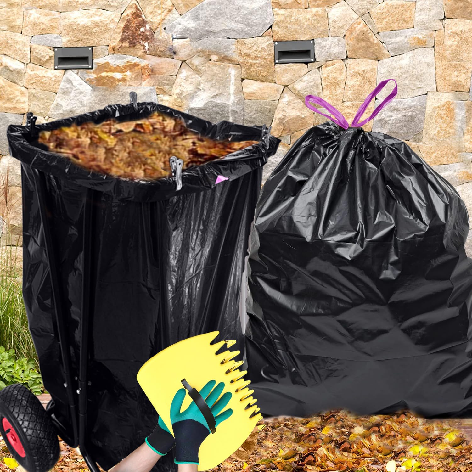 Portable Outdoor Trash Bag Holder with Wheels - 15 Pack 39 Gallon Drawstring Leaf Bags Included | Heavy Duty Lawn & Garden Waste Container for Leaves, Weeding, Camping, Parties & Yard Cleanup