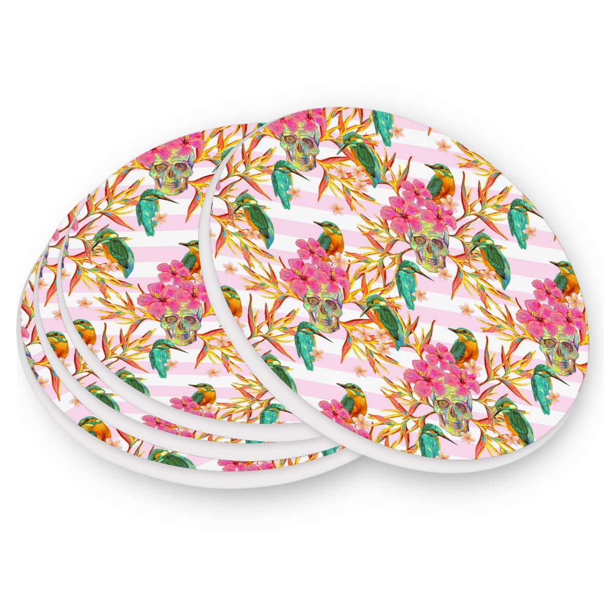 Visesunny Tropical Flower Sugar Skull Print Absorbent Stone Coasters Set of 4 - Cork Base for Table Protection, Prevents Furniture Damage from Coffee Mugs & Glasses - Perfect for Home Bars, Kitchen Countertops & Outdoor Dining