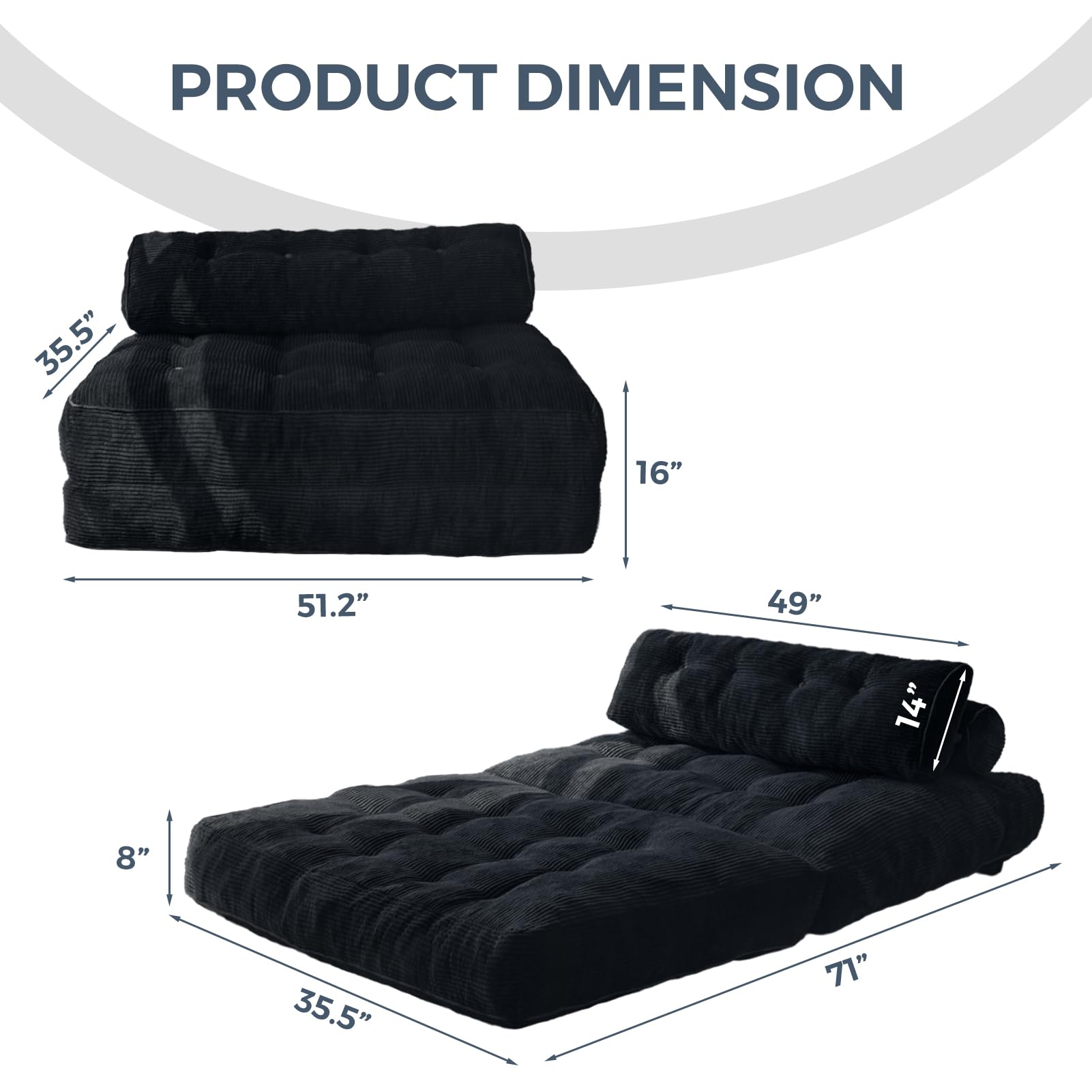 MAXYOYO Corduroy Folding Sofa Bed - Convertible Sleeper Chair with Pillow & Back Support | Foldable Mattress for Small Spaces | Perfect for Guest Room, Studio Apartment & Office Lounges (Black)