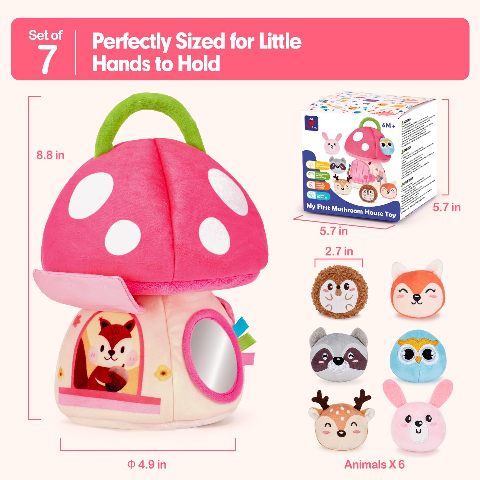 Hahaland Montessori Sensory Toys for Baby Girls 6-12 Months - Mushroom House Playset with Stuffed Jungle Animals, Rattle, Crinkle Paper & Mirror - Educational Toddler Toys for 1 Year Old Girls - Perfect Gift Basket Stuffers for Birthdays & Baby Showers