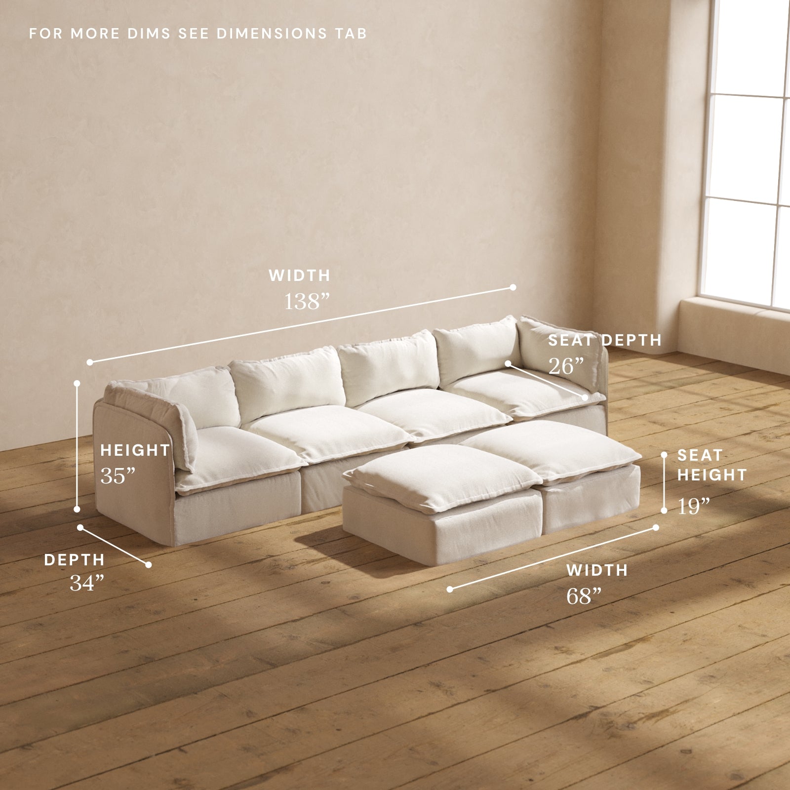 Premium Modular 4-Seater Sofa with Bench Ottoman in Flour Fabric | Luxury Blend for Living Room, Family Room & Home Theater Comfort