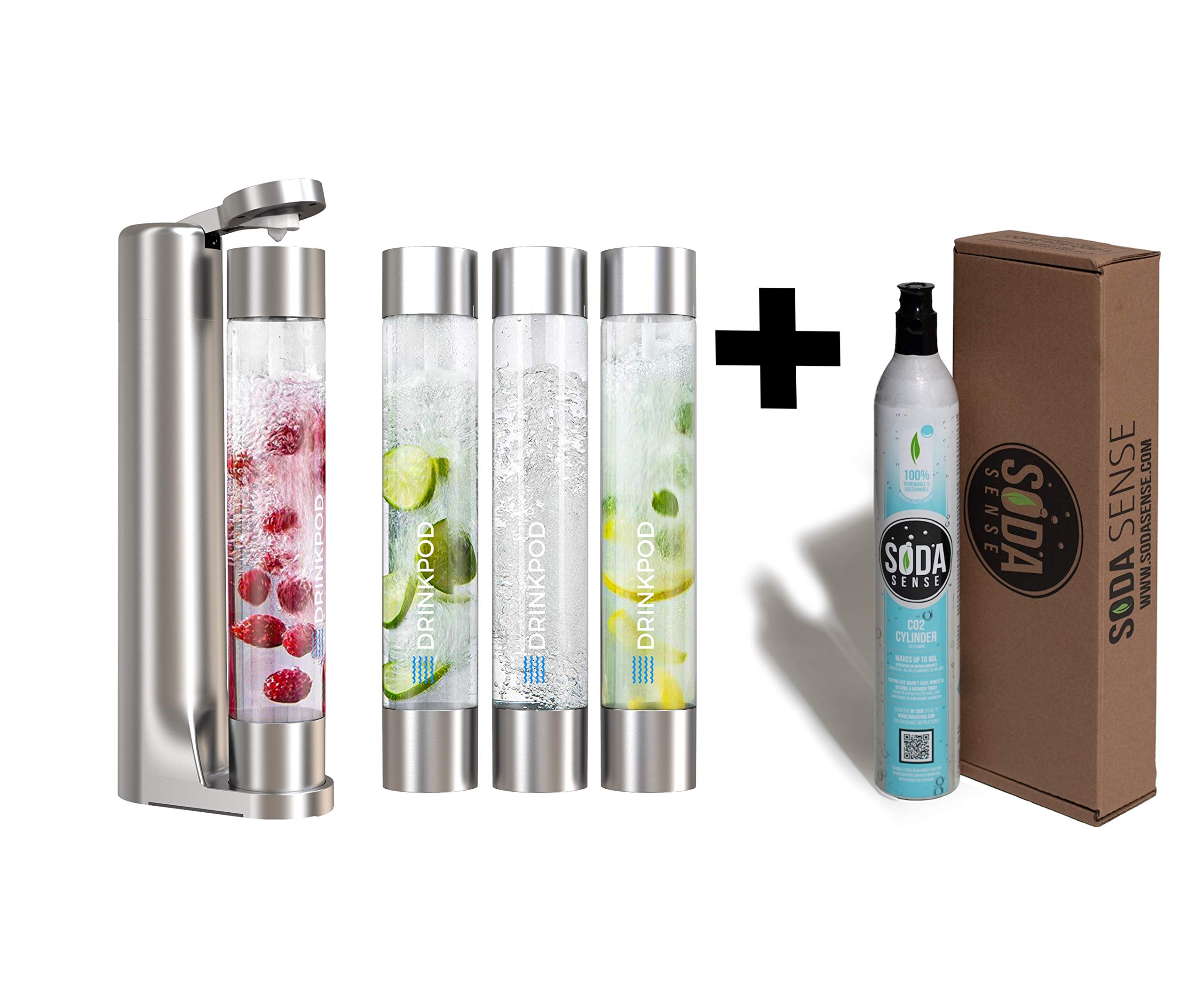 Fizzpod Soda Maker Machine for Home Use - Make Sparkling Water, Juice, Coffee, Tea & Cocktails | Includes 3 PET Bottles, 3 Caps & Carbonator Cap | Perfect for Healthy Drinks, Parties & Home Bars (Silver + CO2)
