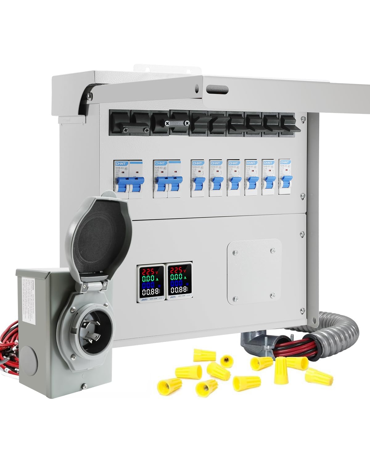 50A 10-Circuit Transfer Switch Kit with 2 Digital Display Energy Meters, SS2-50P Power Inlet - IP67 Waterproof, Pre-Wired for Easy Installation | Perfect for Home Backup Power, RV, Solar Systems & Outdoor Use (2025 Model)