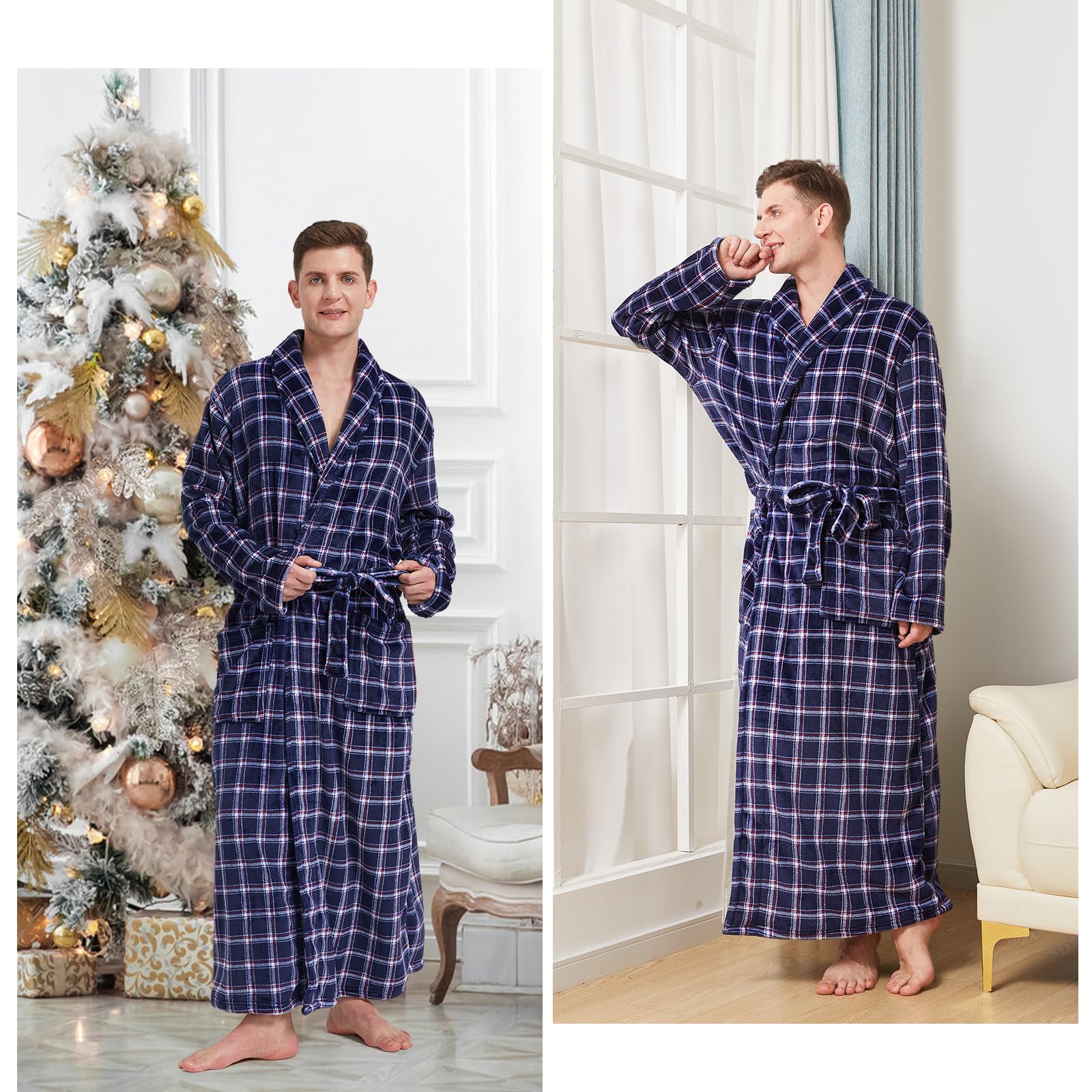 **Men's Plush Fleece Bathrobe - Full Length Big & Tall Shawl Collar Plaid Robe for Men - Cozy Loungewear for Home, Spa & Relaxation**