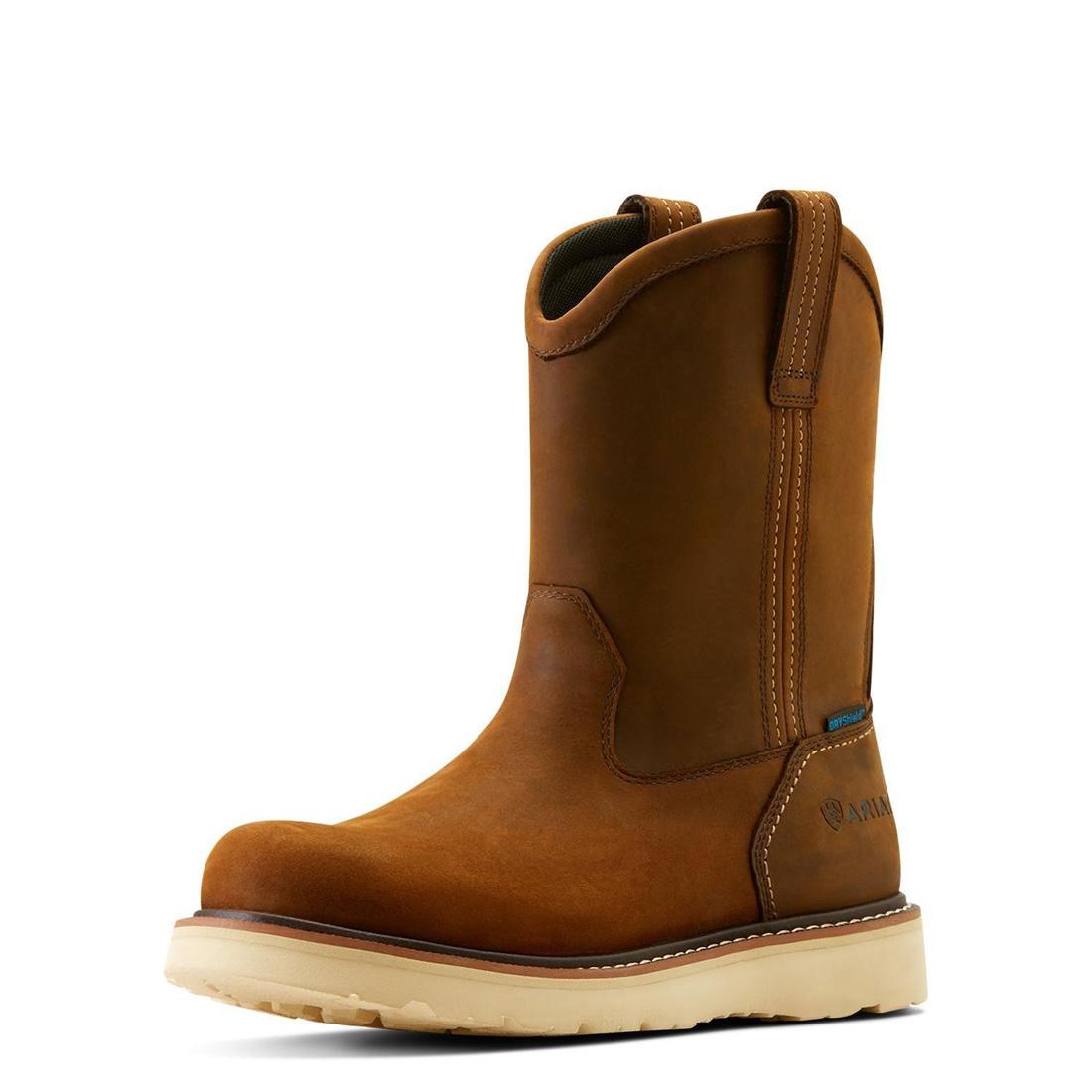 Waterproof Soft Toe Pull-On Wedge Work Boots - Distressed Brown Leather for Construction & Outdoor Work | Slip-Resistant Comfort Boots for Men