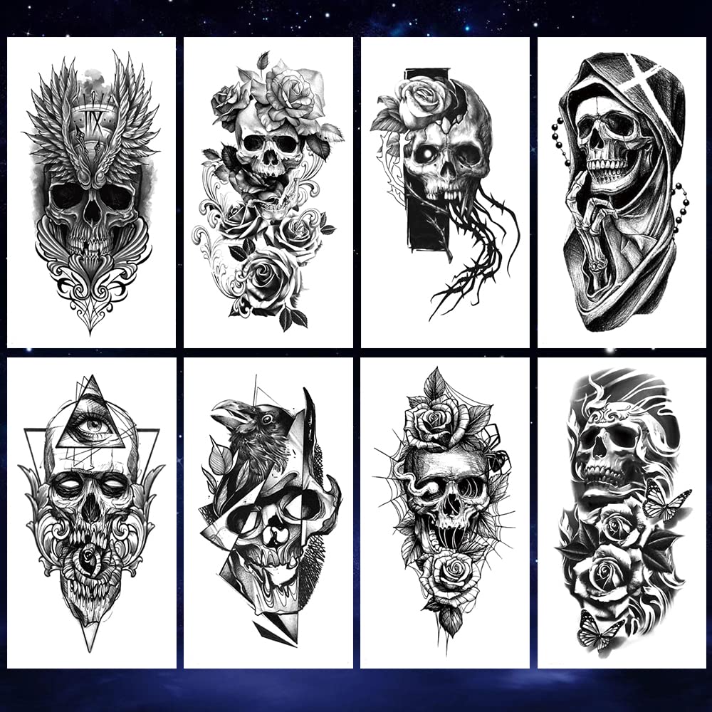 8 Sheets Waterproof Fake Body Art Temporary Tattoos - Skull, Face Flower, Eye, Snake & Bird Wing Designs for Arms & Legs | Perfect for Halloween, Cosplay, Parties & Festivals