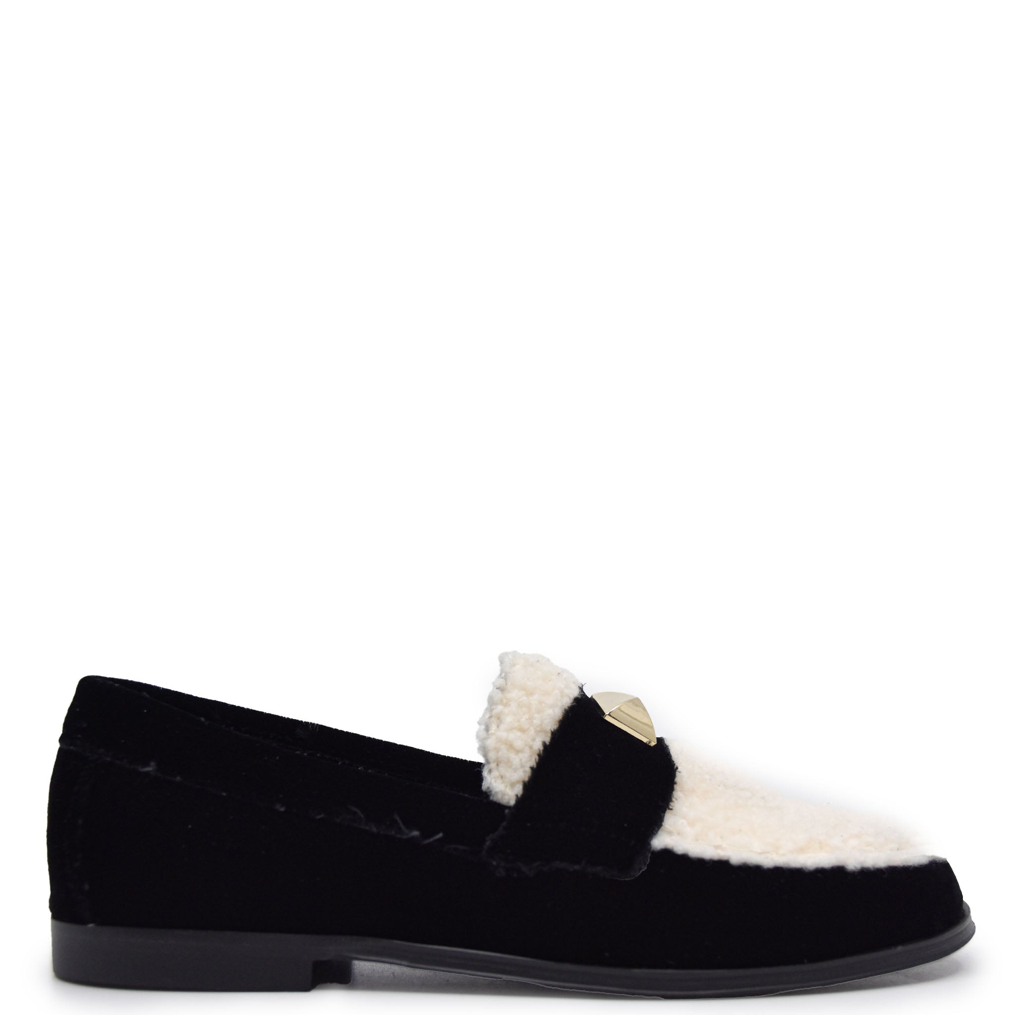 Blublonc Black Velvet & Shearling Stud Loafers - Women's Comfortable Slip-On Shoes for Casual Wear & Office Outfits
