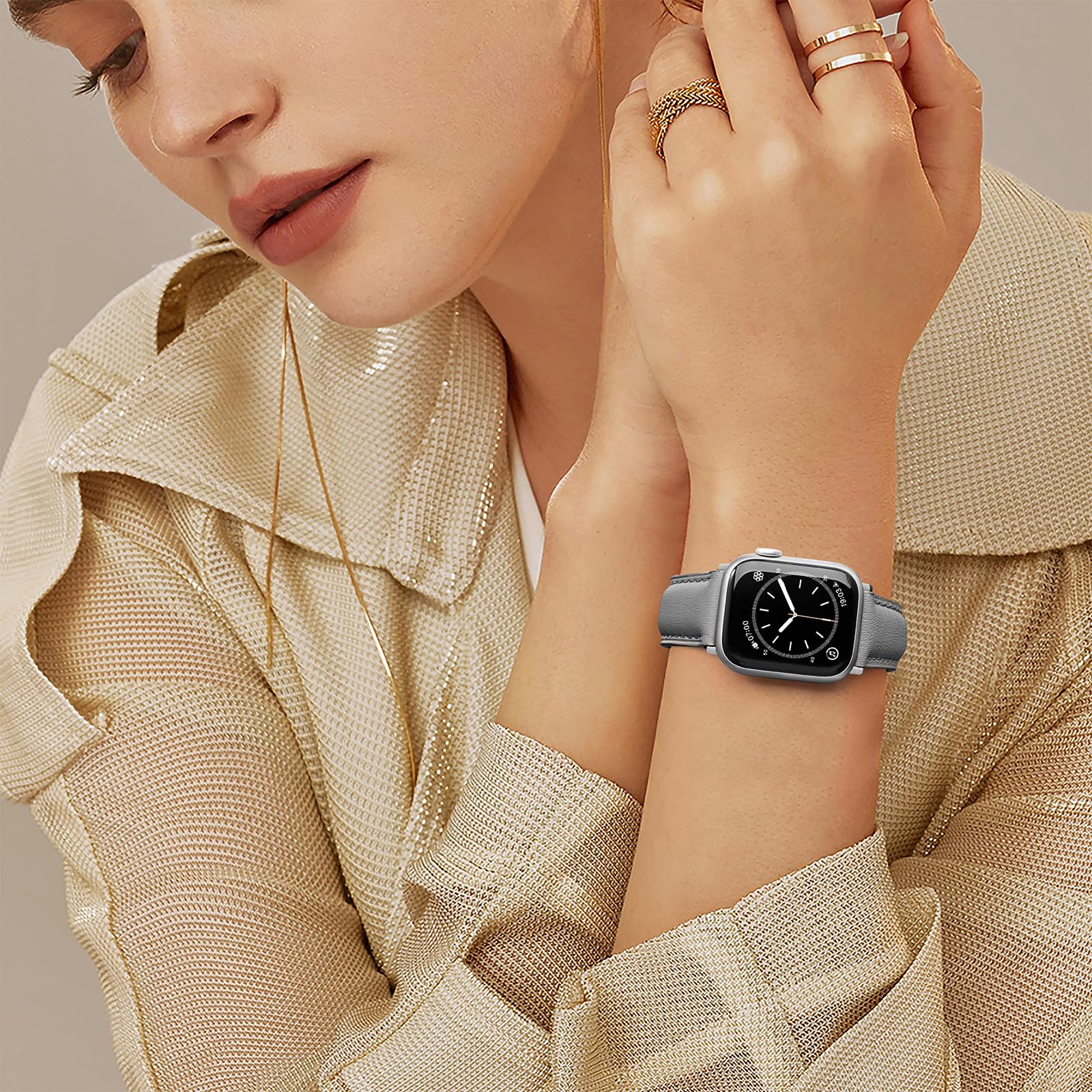 Genuine Leather Apple Watch Band 38mm 40mm 41mm - Classic Replacement Strap Compatible with Apple Watch Series 10/9/8/7/6/5/4/3/2/1/SE - Soft Comfortable Leather Watchband for Women & Men (Gray) - Perfect for Work, Gym & Everyday Wear