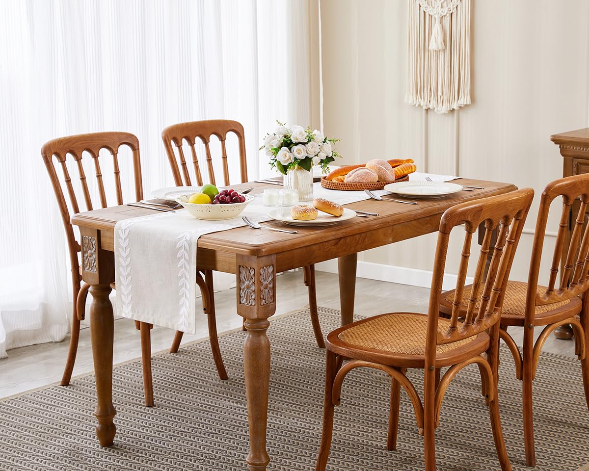 Wracra Embroidered Table Runner - 14 x 72 Inch Irregular Willow Leaf Design, White Linen Dining Table Decor for Home, Wedding & Holiday Parties - Perfect for Dressers, Buffets & Formal Dining Tables