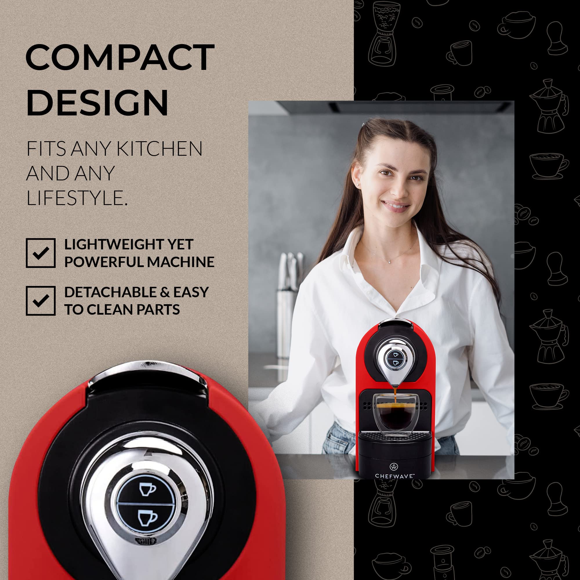 ChefWave Espresso Machine for Nespresso Compatible Capsules - 19 Bar Pressure, Fast Heat-Up, Red Coffee Maker with Capsule Holder, 2 Glass Cups & Descaling Powder - Perfect for Home, Office & Small Coffee Shops