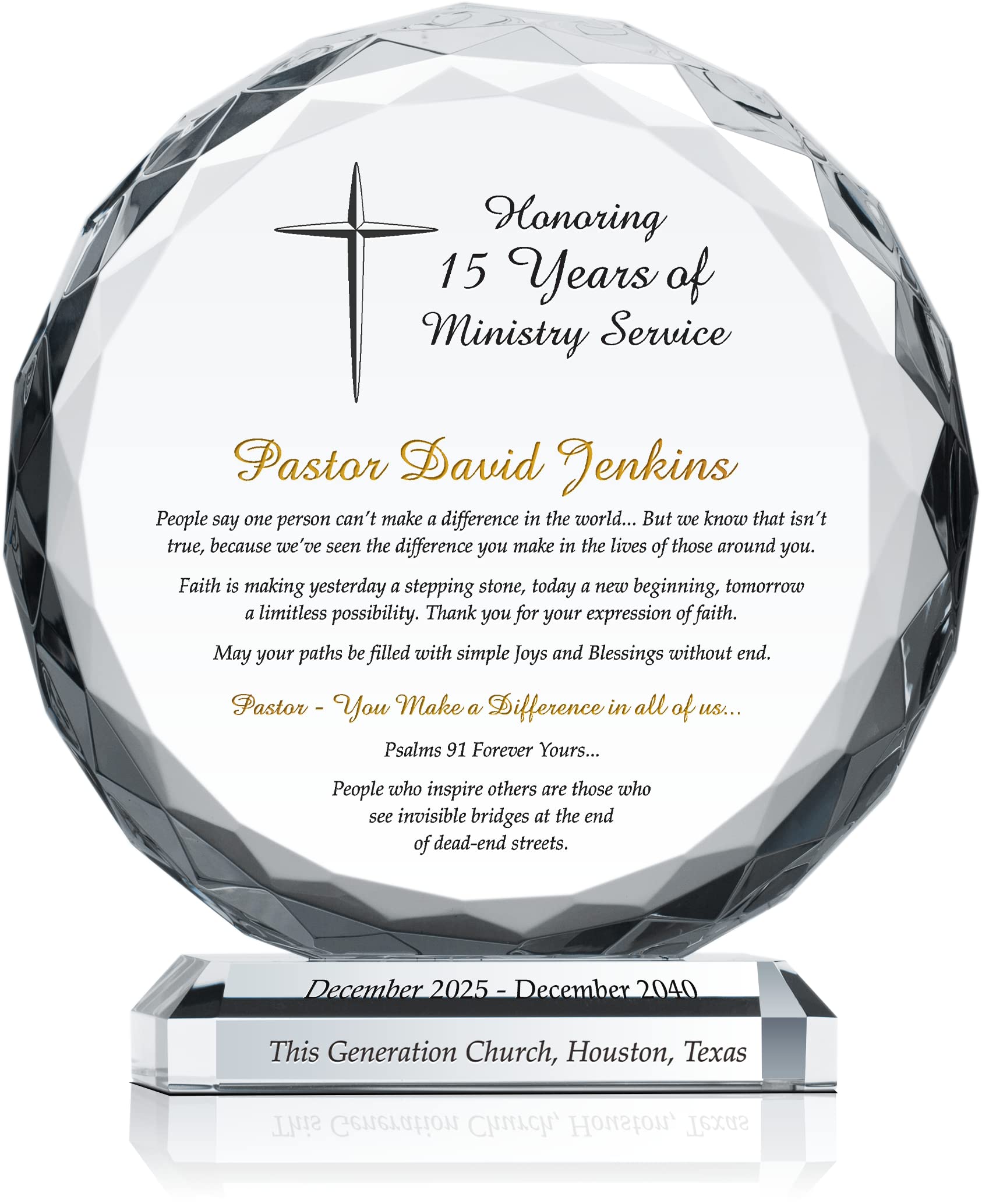 Custom Engraved Crystal Pastor Anniversary Plaque - Personalized with Pastor Name, Church Name & Date - Unique Religious Appreciation Gift for Pastors, Ministers & Clergy (8 Inch) - Perfect for Ordination, Retirement & Years of Service Celebrations
