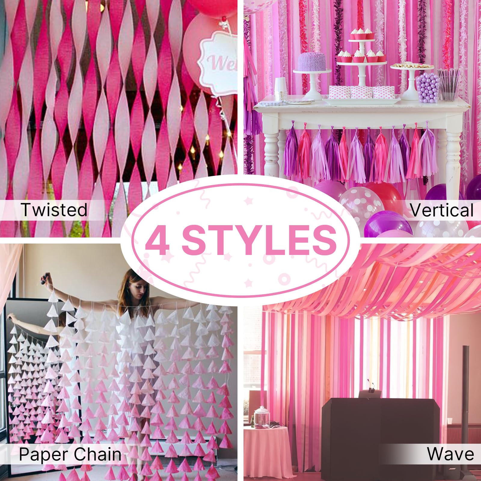 PartyWoo Crepe Paper Streamers - 8 Rolls (656ft) in Pink, Light Pink, Hot Pink, Red & White - 1.8