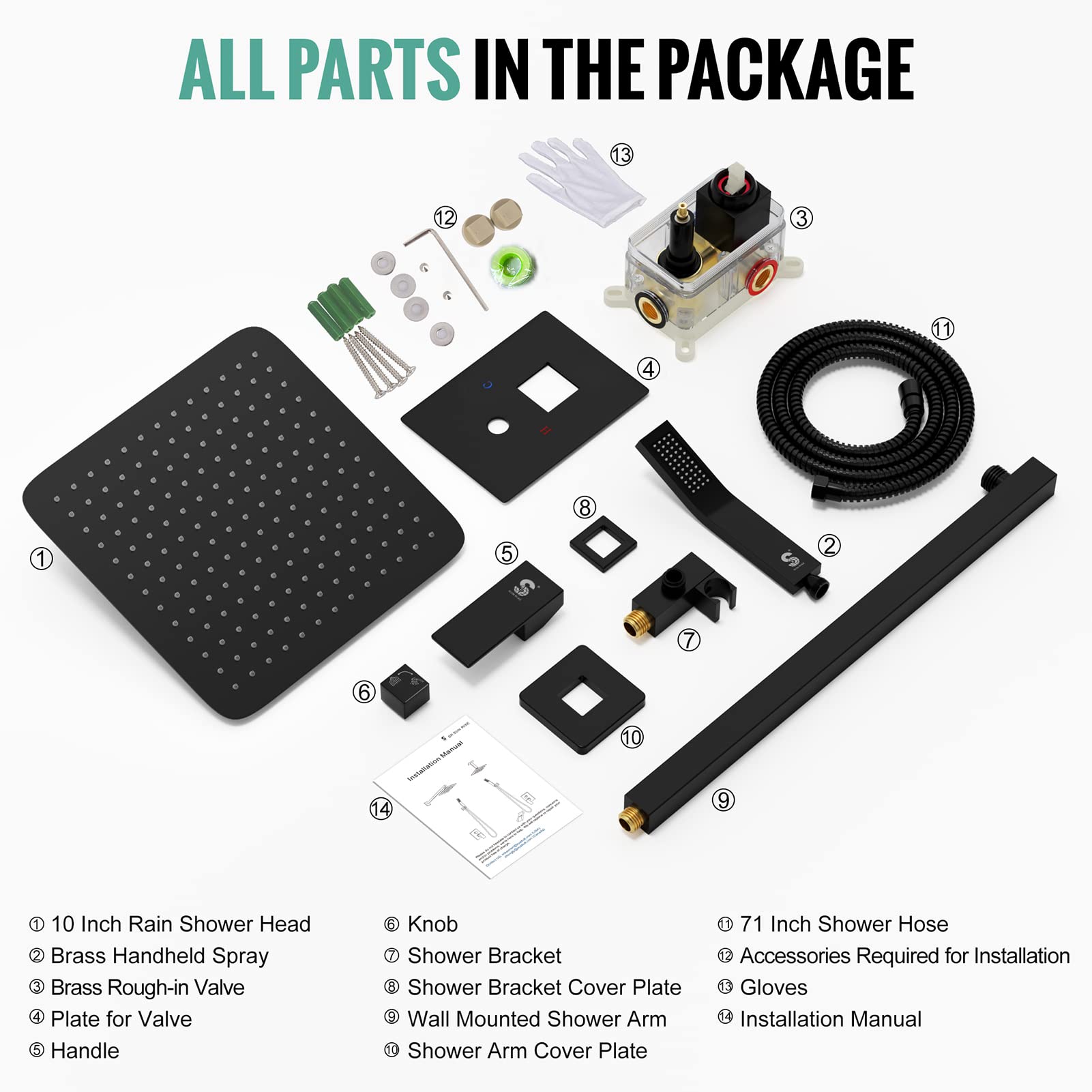 SR SUN RISE Black Square Rainfall Shower Head and Handle Set - Wall Mounted Shower Fixtures with Metal Faucet Trim & Valve Repair Kit for Bathroom Renovation - Perfect for Modern Home, Spa, and Luxury Shower Experience