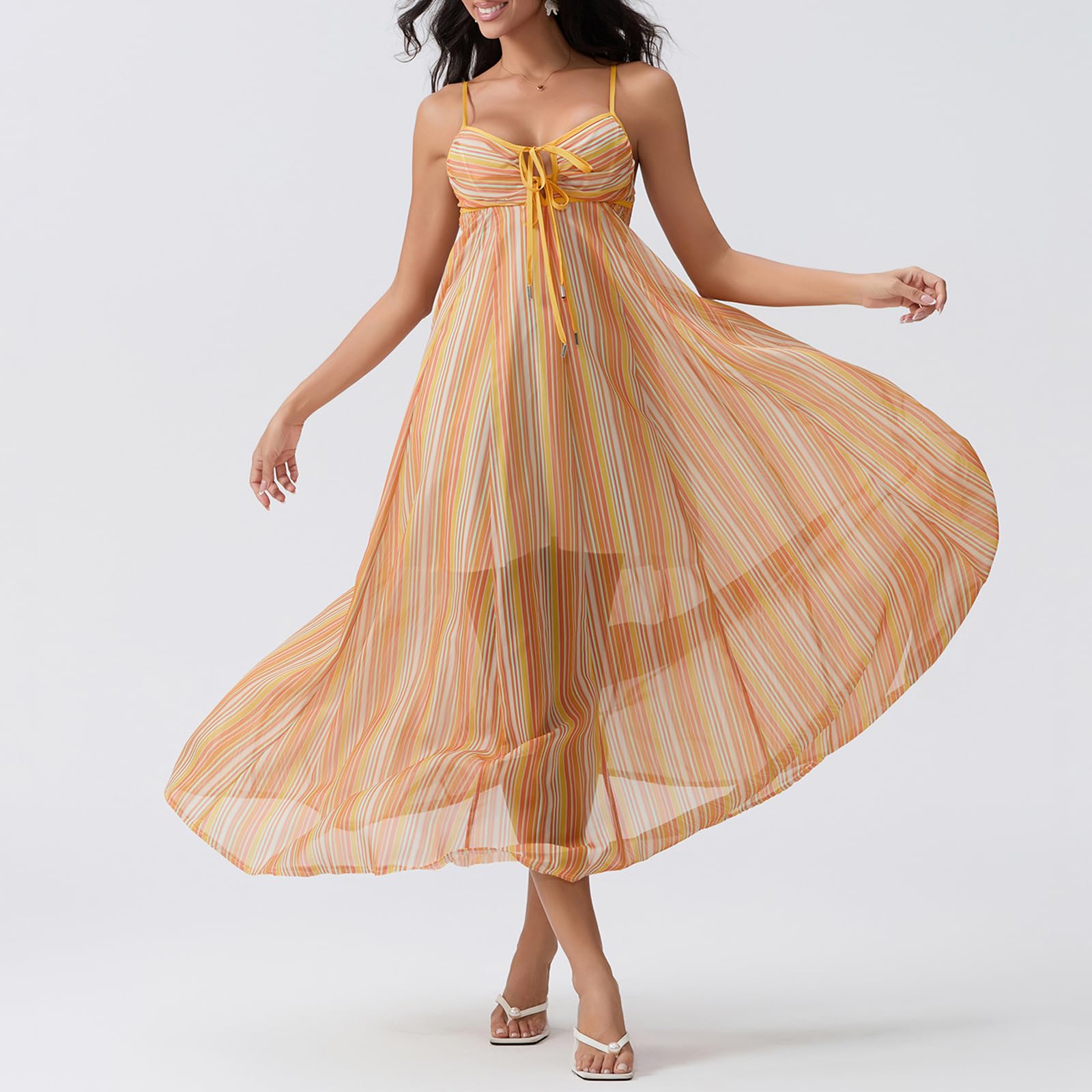 FEORJGP Women's Summer Spaghetti Strap Long Dress - Boho Low Cut Backless Flowy Midi Maxi Dress for Beach, Vacation & Party Wear | Lightweight Bohemian Beachwear for Women