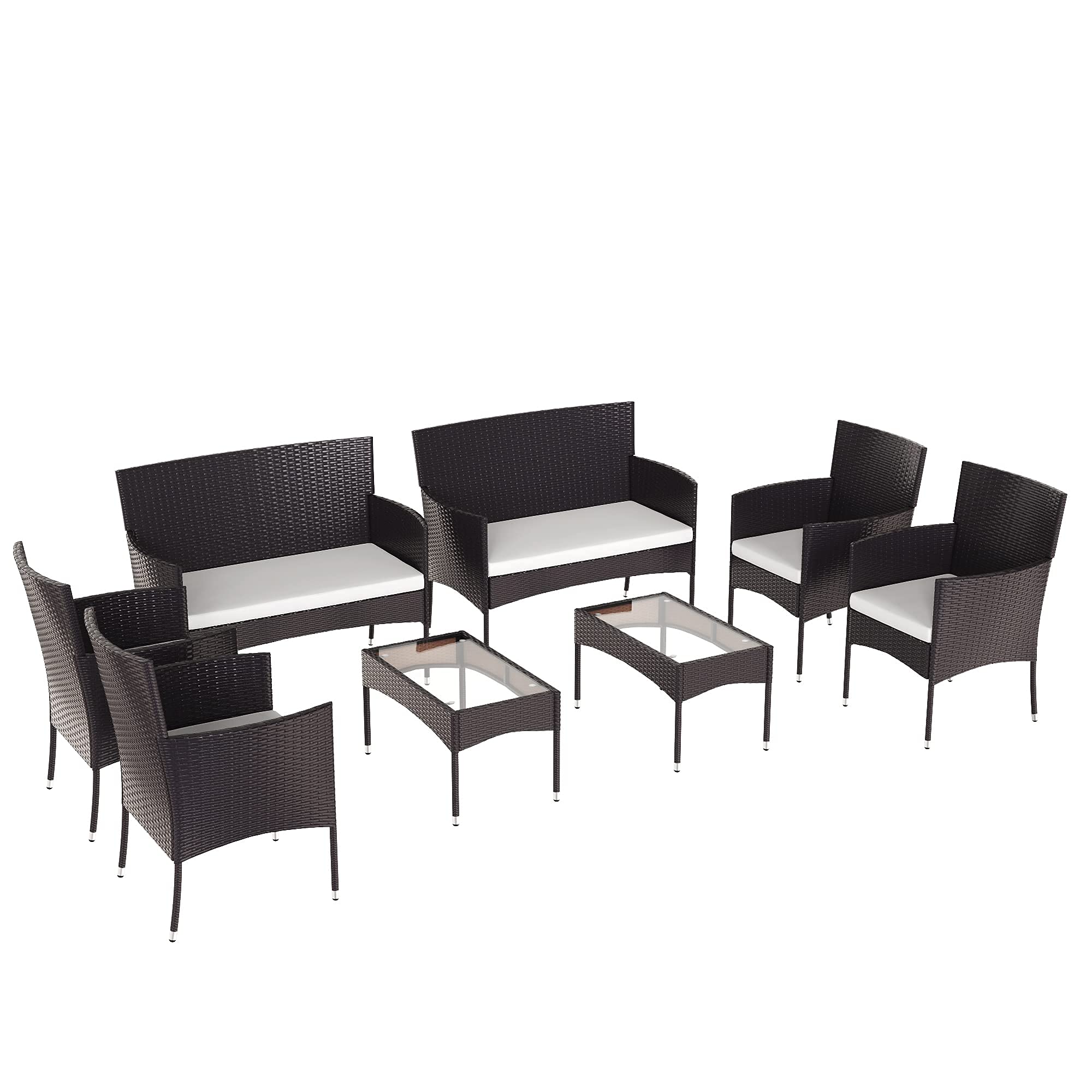 8-Piece Outdoor Patio Furniture Set - Rattan Sectional Conversation Sofa with 2 Tempered Glass Tables & Cushioned Armchairs - Perfect for Backyard, Poolside or Garden Relaxation