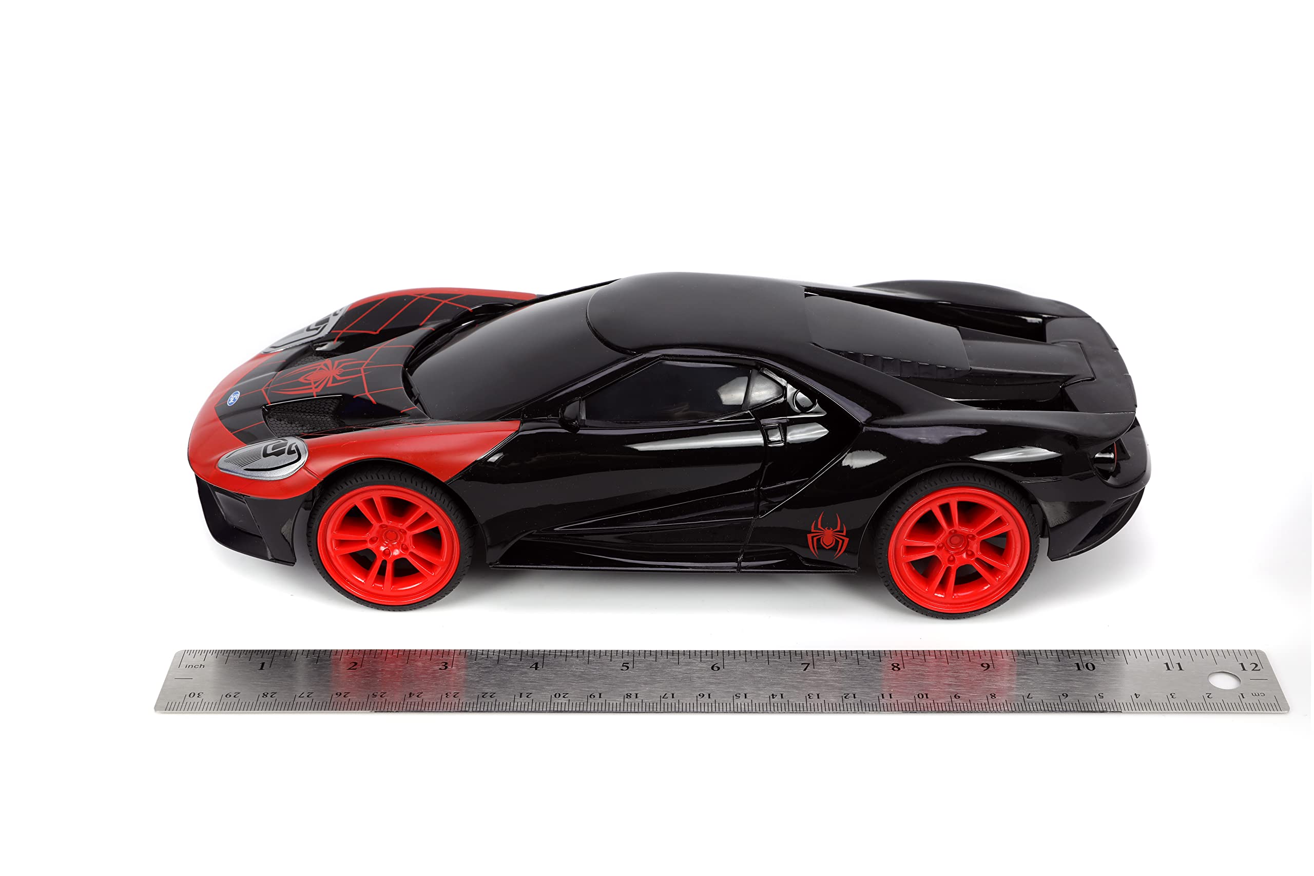 Jada Toys Marvel Spider-Man 1:16 Scale Miles Morales 2017 Ford GT RC Remote Control Car - 2.4GHz Fast Racing Toy for Kids & Adults - Black Superhero Vehicle for Indoor & Outdoor Play