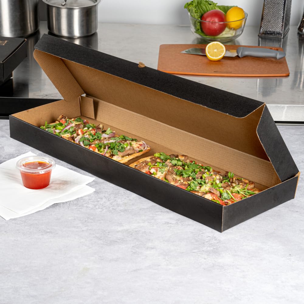 Eco-Friendly 24 x 12 x 2 Inch Flatbread Takeaway Boxes - 50 Pack Sturdy Corrugated Pizza Boxes with E-Flute Design & Tab-Lock System | Black & Kraft Paper Disposable Food Containers for Flatbreads, Pizzas, and Catering Events
