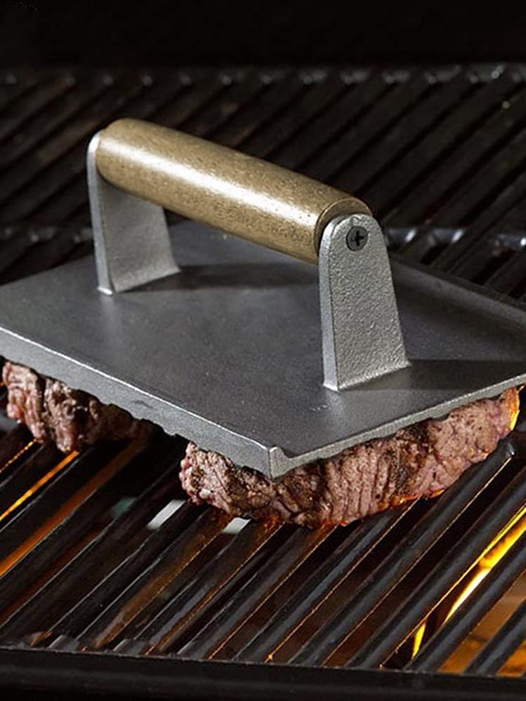 Heavy-Duty Cast Iron Bacon Press & Grill Weight - Perfect for Steak, Burgers, and Panini - Wood Handle for Comfort - Ideal for BBQ, Grilling, and Smashing Patties (Black)