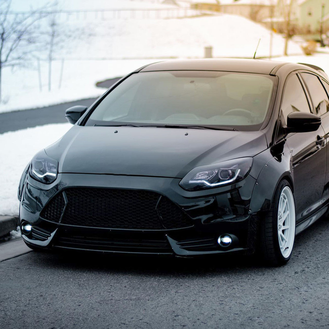 2012-2014 Ford Focus Projector Headlights with LED Light Strip & Sequential Turn Signals - Matte Black Housing & Clear Lens - Upgrade for Night Driving & Custom Car Styling