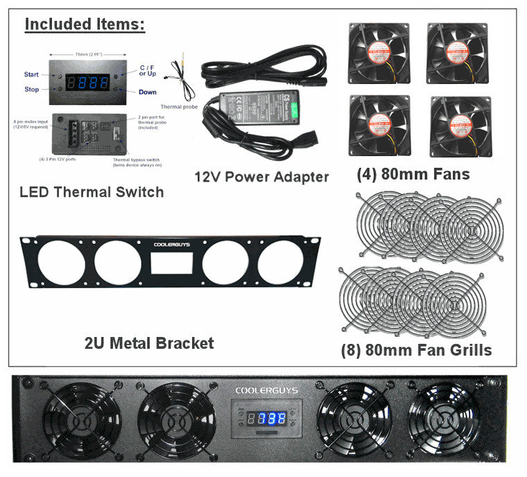 Coolerguys 2U Server Rack Bracket with 4 High-Speed 80mm Evercool Fans, Programmable Fan Controller & 3A PSU - Perfect for Server Cooling, Data Center Racks, and Network Equipment Cooling Solutions