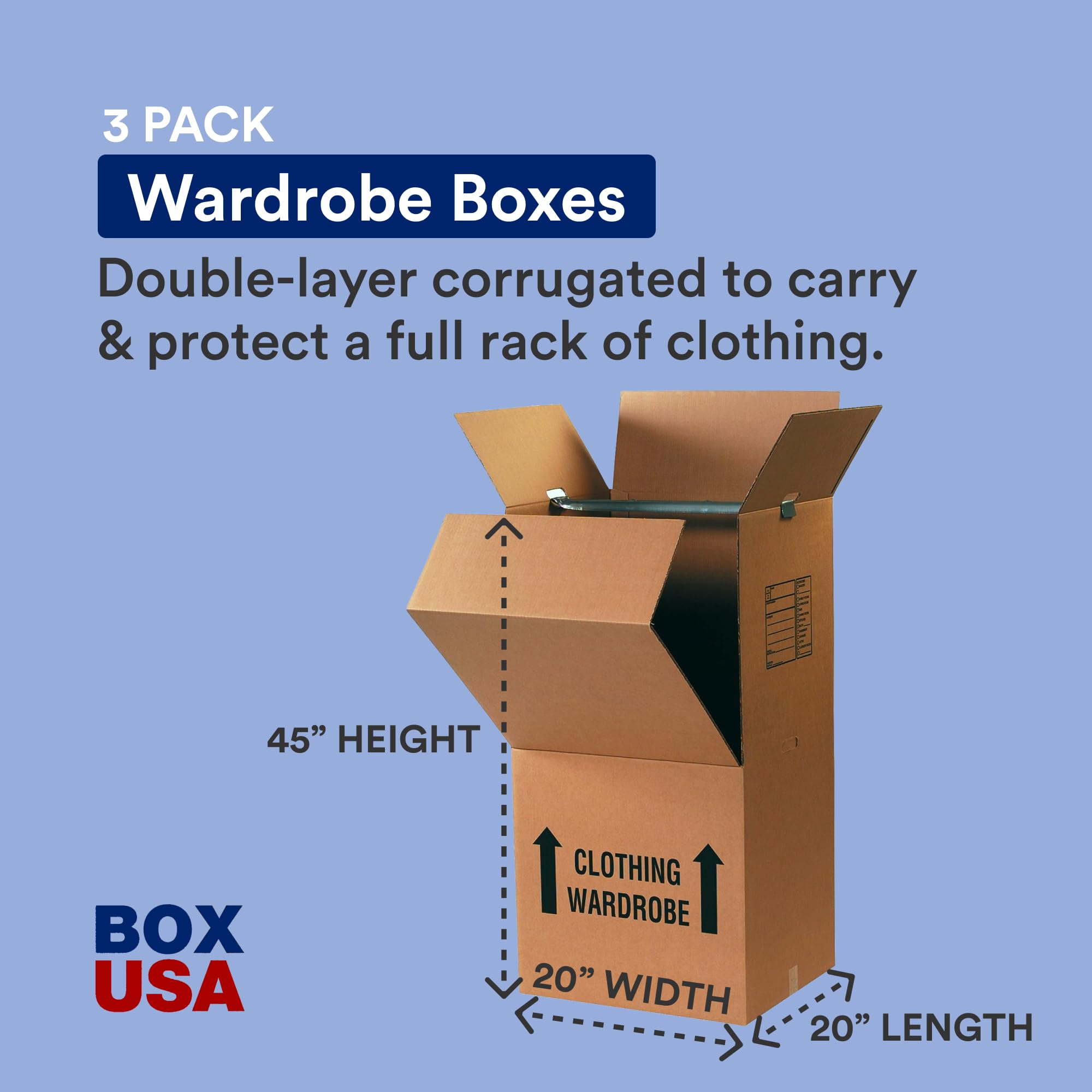BOX USA 20x20x45 Inch Wardrobe Moving Boxes with Hanging Bar (3-Pack) - Heavy Duty Corrugated Cardboard Storage Boxes for Clothes, Shipping, Packing & Moving | Perfect for Home Organization, Office Relocation & Closet Storage