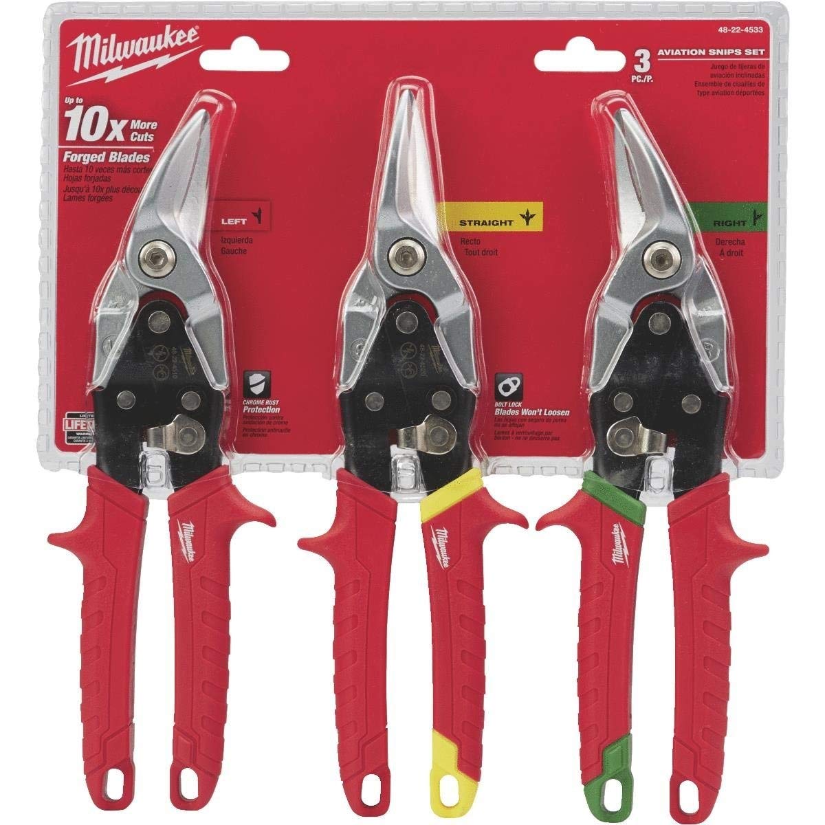 Milwaukee 3-Piece Aviation Snip Set (48-22-4533) - Left, Right & Straight Cut Tin Snips for Metal Cutting - Ideal for HVAC, Roofing & Sheet Metal Work