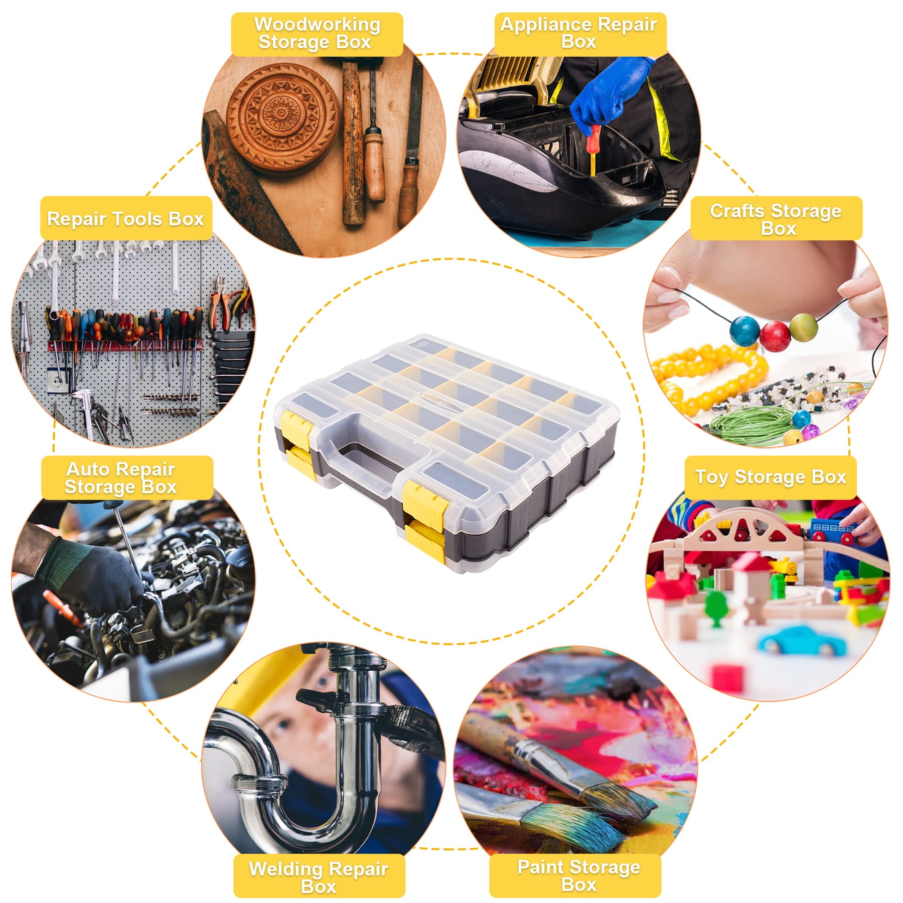 34 Compartment Small Parts Organizer Box - Durable Plastic Hardware Storage with Removable Dividers for Nuts, Bolts, Screws & Nails - Double-Sided Tool Box for DIY, Workshop & Home Organization (Yellow)