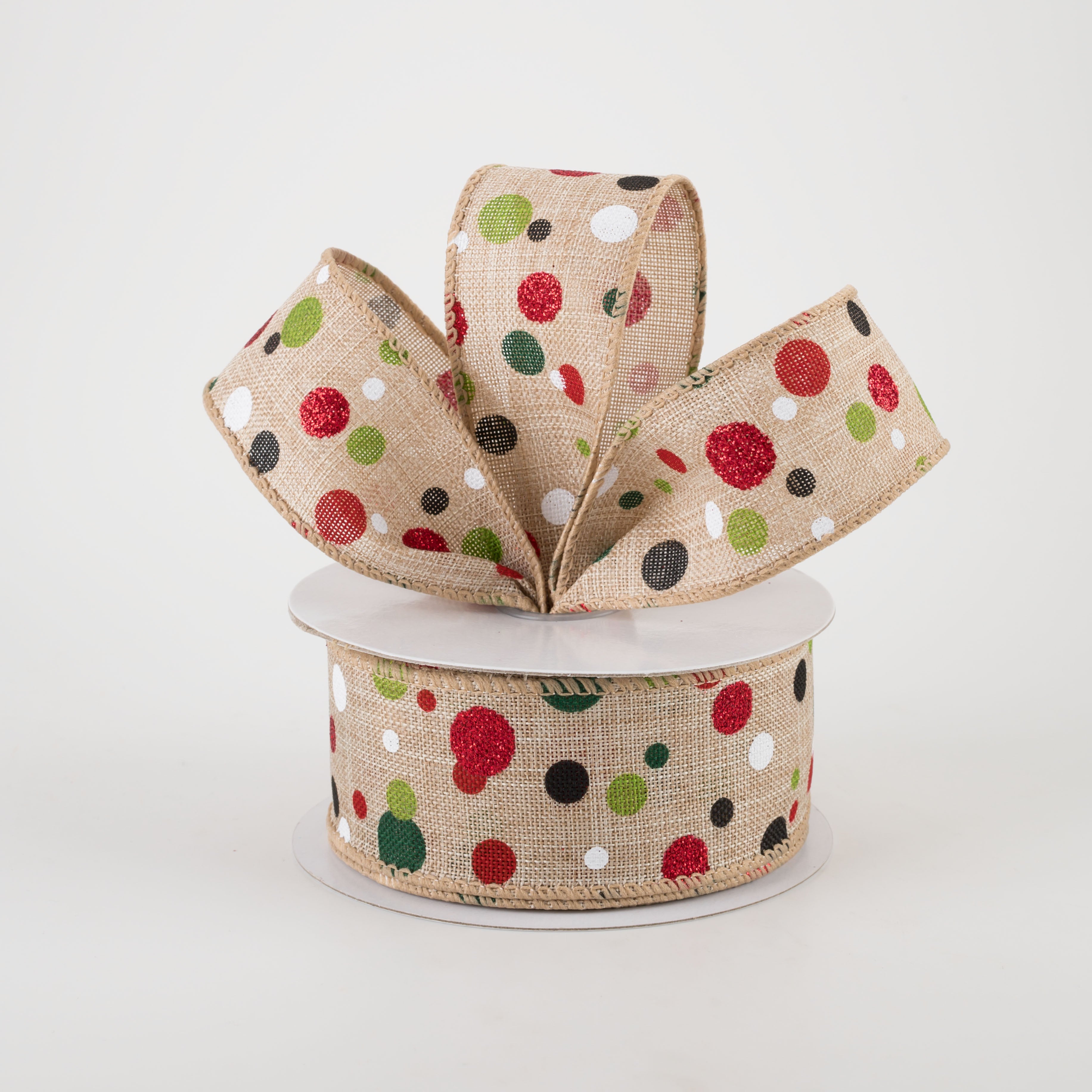 1.5 Inch Christmas Dots Ribbon - 10 Yards Natural Cotton Burlap Trim for Gift Wrapping, Tree Decorations and Holiday Crafts