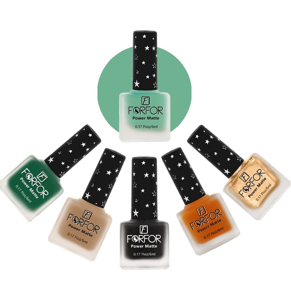 FORFOR Power Matte HD Colors Long Lasting Professional Set of 6 Nail Polish - Golden Bliss, Green, Dark Green, Brunt Orange, Black, Dusky Beige | Vegan & Cruelty-Free | Perfect for Manicures, Pedicures, Nail Art & Salon Use