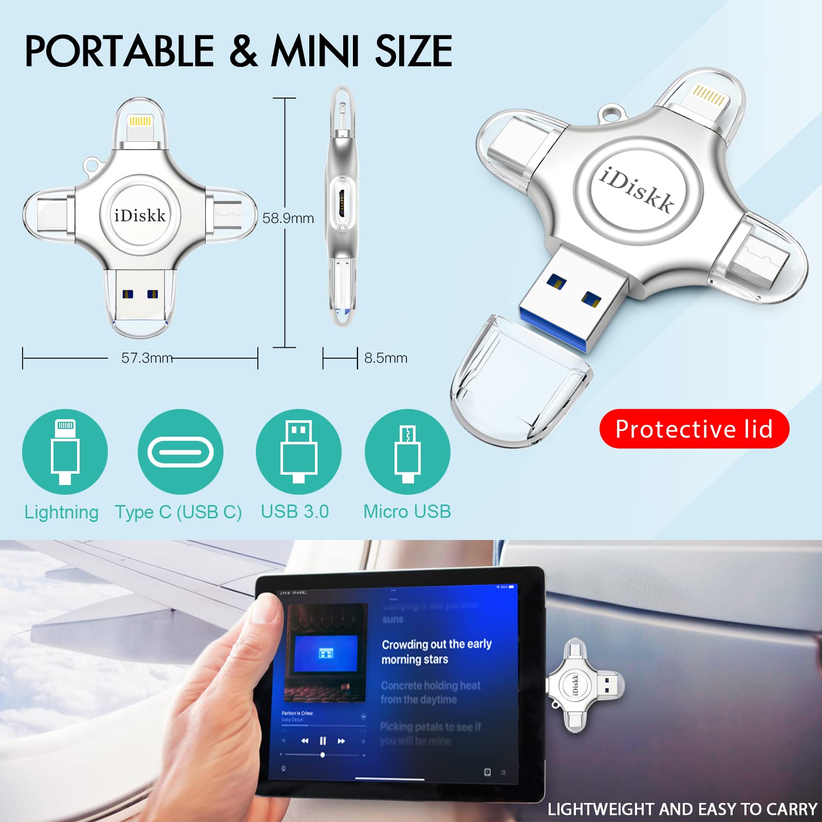 iDiskk 256GB MFi Certified Lightning USB Flash Drive for iPhone - External Storage Memory Stick to Backup Photos, Videos & Files - Compatible with iPhone, USB-C iPad & Android Phones - Perfect for Travel, Work & School Data Backup