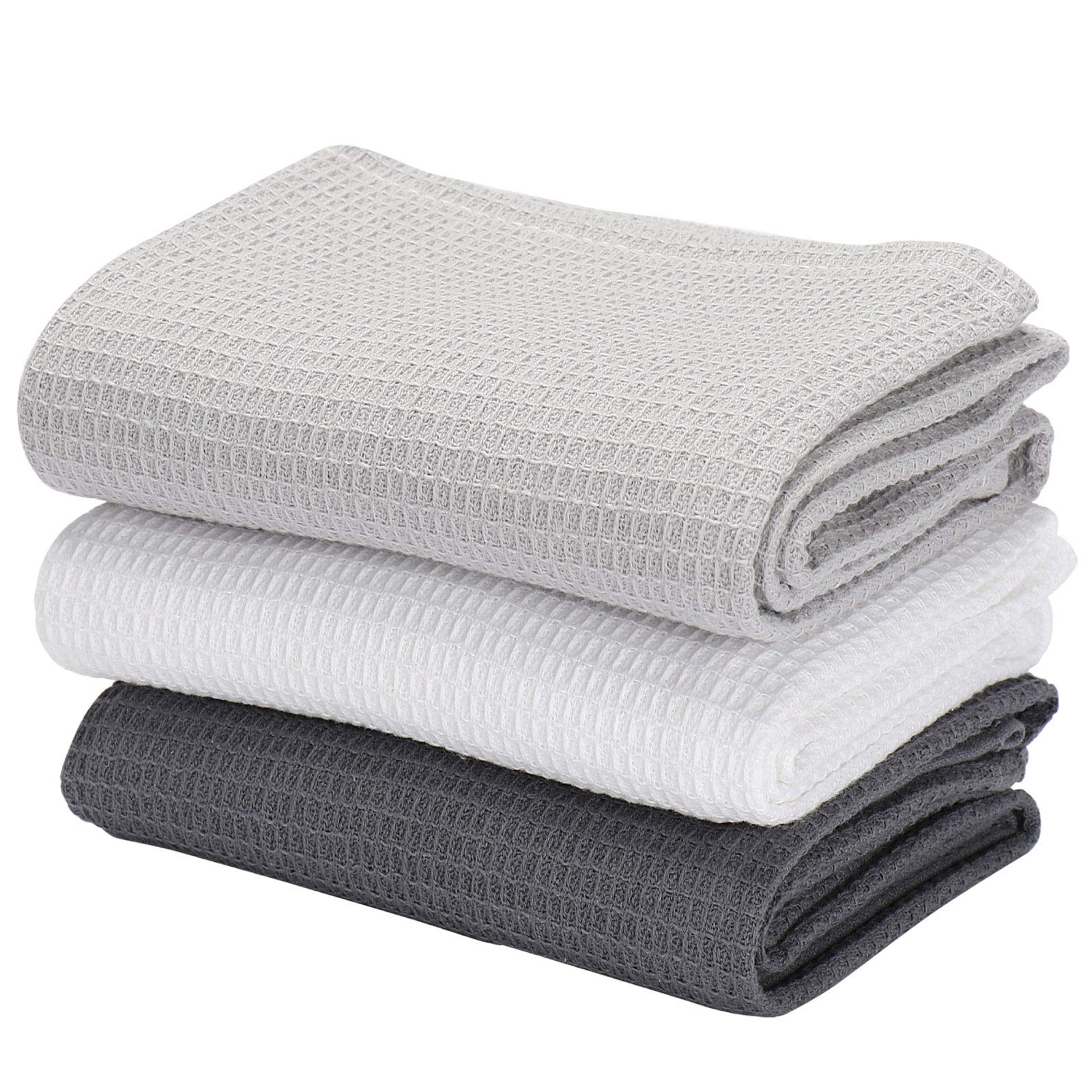 Jennice House Cotton Waffle Weave Dish Towels Set - Ultra Soft Absorbent Kitchen Hand Towels (Set of 3, Gray) - Perfect for Washing Dishes, Drying Hands & Decorating Your Modern Kitchen
