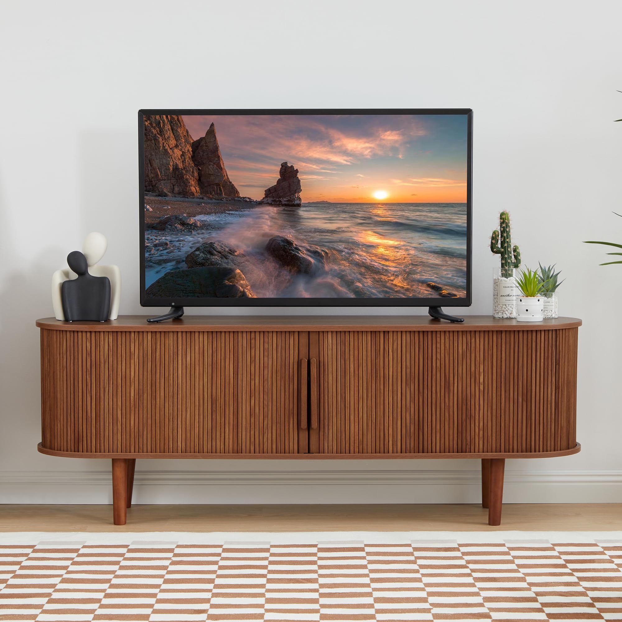 Modern Walnut TV Stand with Storage Compartment & Sliding Doors - Entertainment Center Console Table for Living Room, Bedroom, Office - Perfect for Gaming Setup & Media Organization