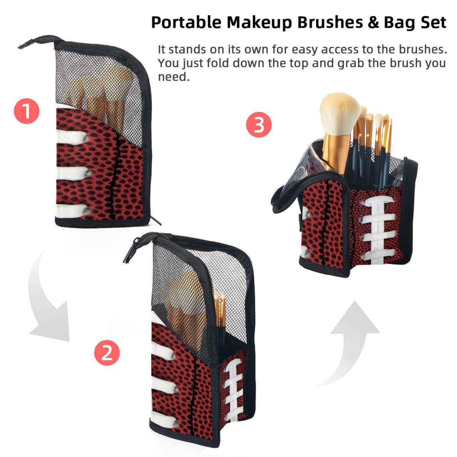 12-Piece Makeup Brush Organizer Bag with Football Texture - Portable Travel Cosmetic Brush Holder Case for Makeup Artists & On-the-Go Beauty Enthusiasts (Perfect for Gym Bags, Travel Kits & Vanity Organization)