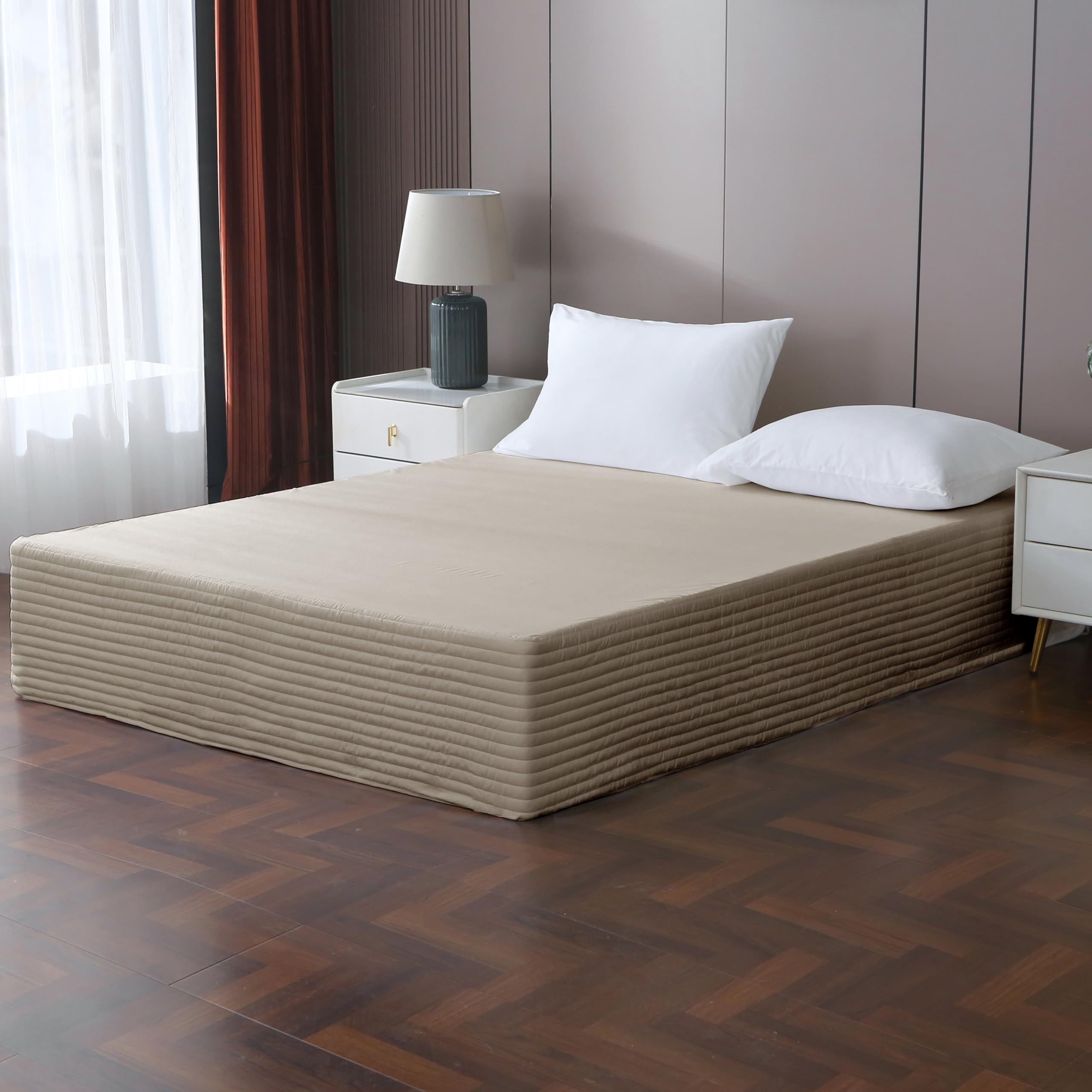 King Size Bed Skirt - 14 Inch Drop Box Spring Cover, Wrinkle & Fade Resistant Hotel Style Wrap Around Bed Skirt with Horizontal Stripe Light Khaki Design - Perfect for Luxury Bedrooms, Guest Rooms & Hotel Decor