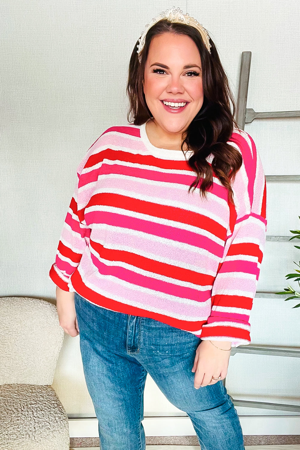 Trendy Red & Pink Loose Knit Striped Ribbed Pullover Sweater for Women | Casual Winter Warm Oversized Knitwear | Perfect for Date Nights, Coffee Dates & Weekend Outings