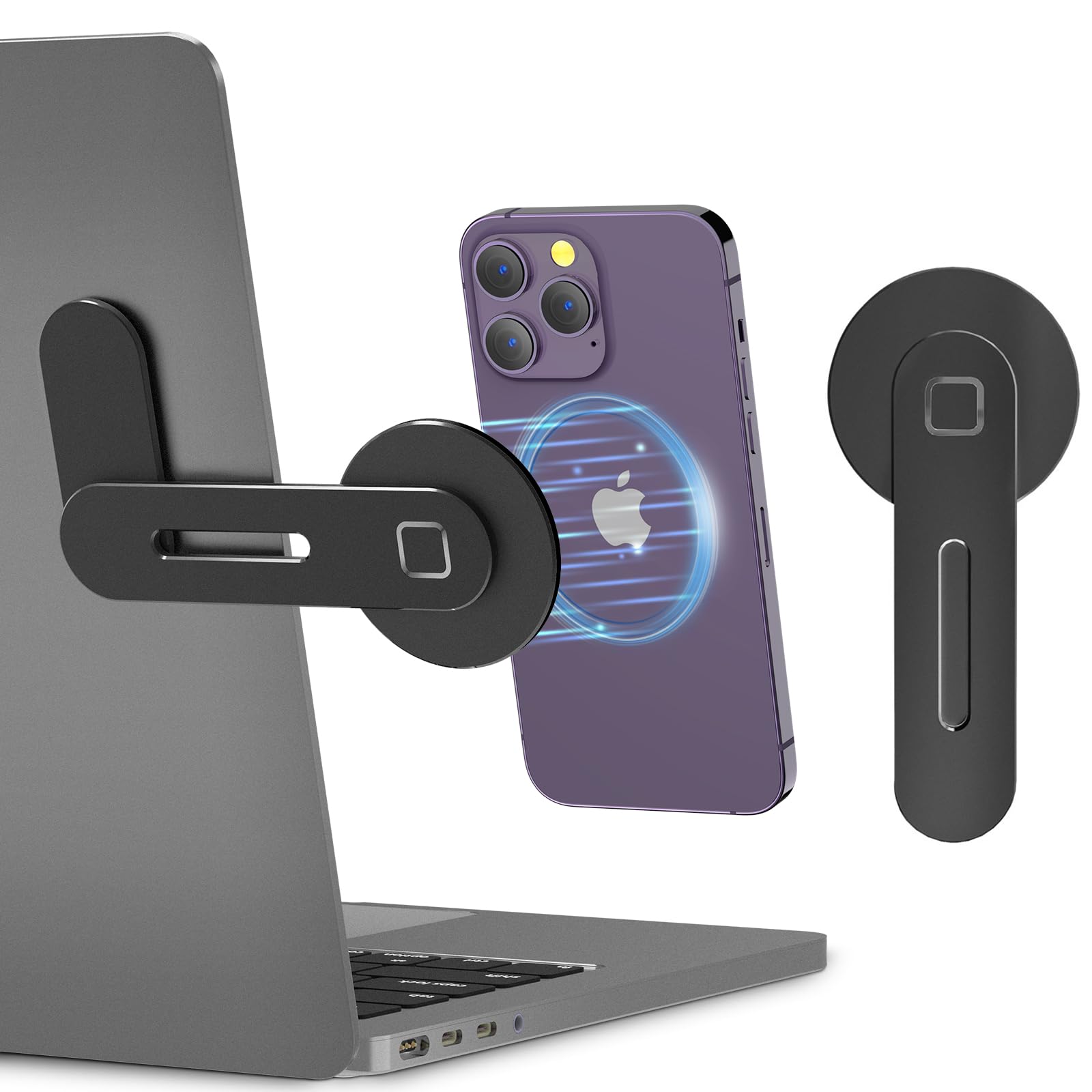 Adjustable Laptop Stand with Magnetic Phone Holder - Aluminum Slim Monitor Side Mount for MagSafe iPhones & All Smartphones - Portable Foldable Computer Expansion Bracket (Black) - Perfect for Home Office, Workstation & Travel Use