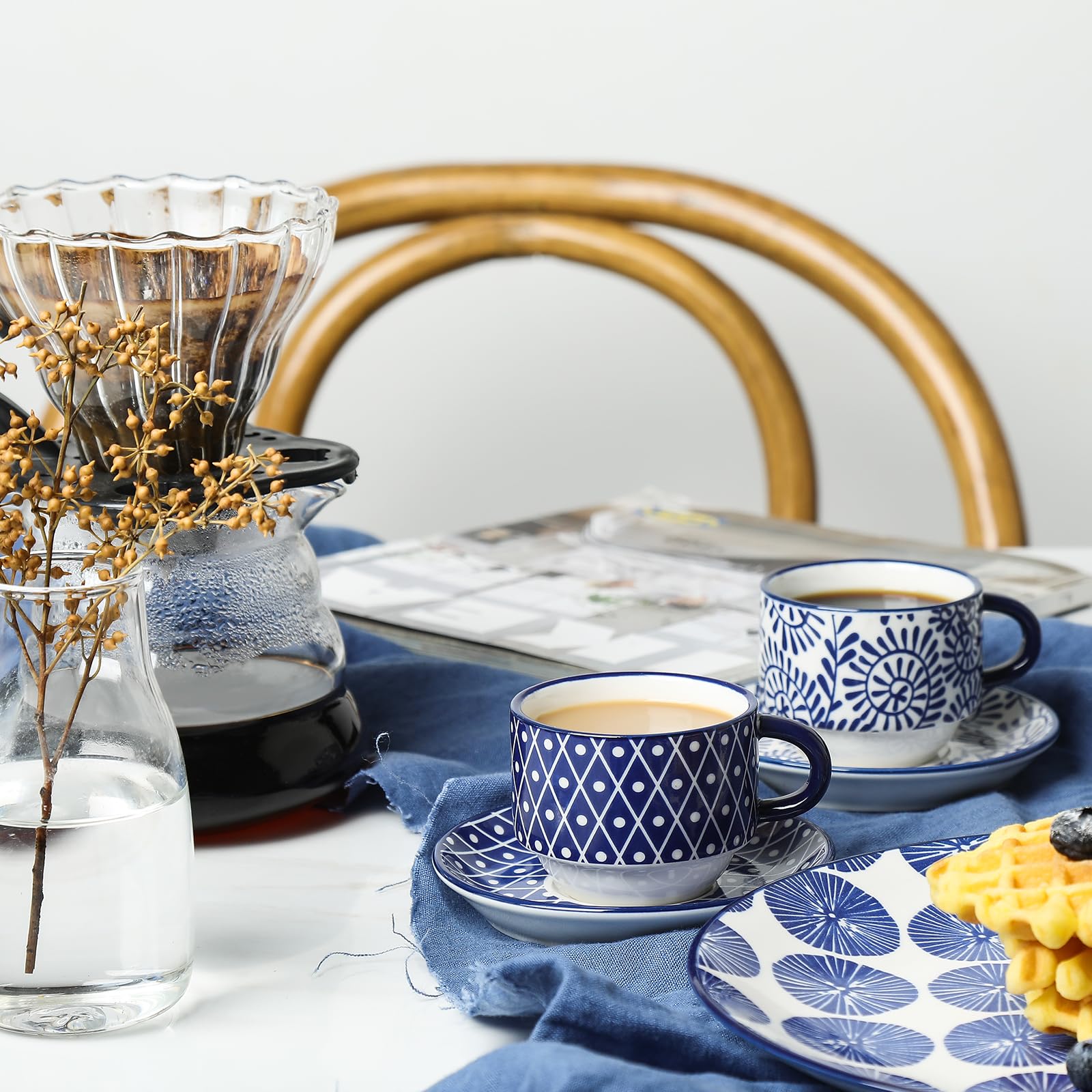 Selamica 6-Piece Vintage Blue Ceramic Espresso Cup Set with Saucers & Metal Stand - 2.5 oz Stackable Demitasse Cups for Latte, Coffee, Café Mocha & Tea - Perfect for Home Coffee Bars, Italian Restaurants & Gift Giving