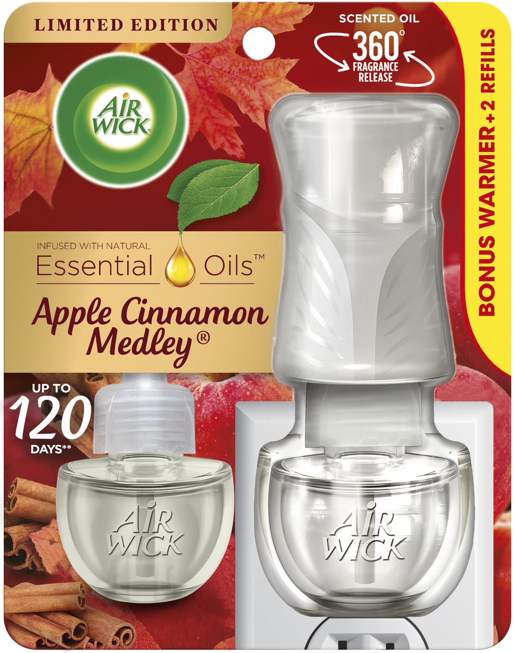 Air Wick Plug in Scented Oil Starter Kit with Warmer & 2 Refills - Apple Cinnamon Medley Fall Fragrance, Essential Oil Air Freshener for Home, Office, Bedroom and Bathroom