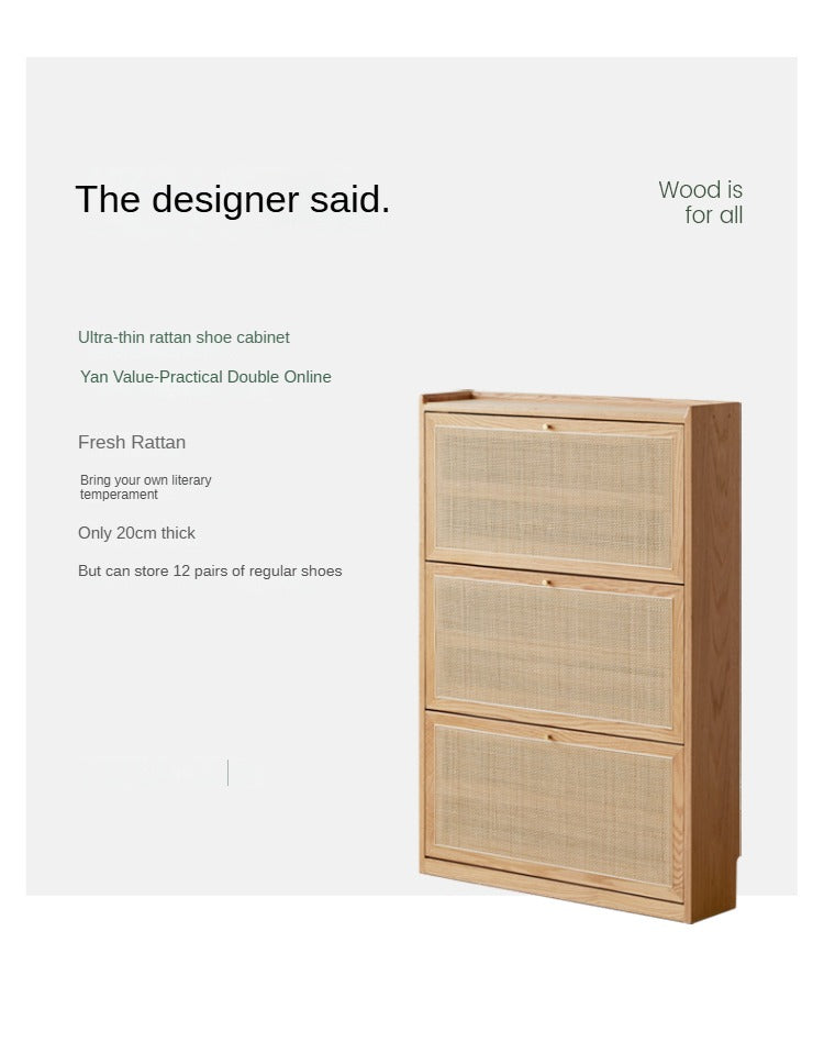 Oak Solid Wood Ultra Thin Flap Door Rattan Shoe Cabinet - Space Saving Entryway Storage Organizer for Hallway, Closet & Mudroom