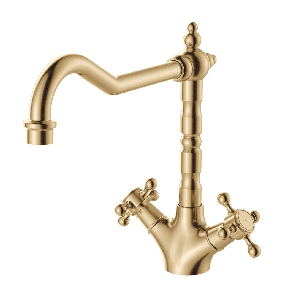 Fienza 336106UB Lillian Shepherds Crook Sink Mixer in Urban Brass - Vintage Style Kitchen Faucet with High Arc Spout for Farmhouse & Modern Bathroom Sinks