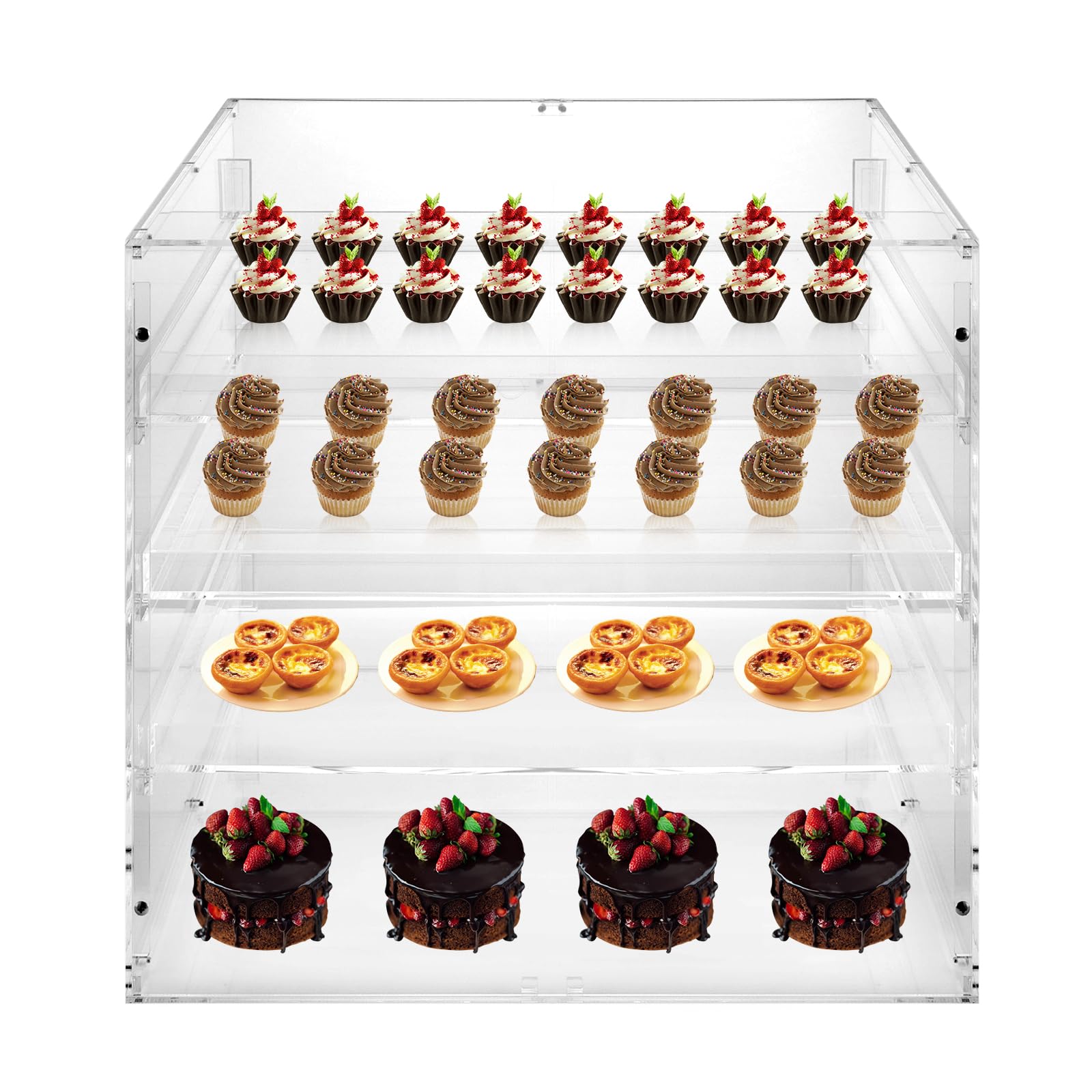 3-Tier Acrylic Pastry Display Case with Rear Doors - Clear Commercial Bakery Countertop Showcase for Baked Goods, Donuts, Bagels, Bread & Snacks - Perfect for Bakeries, Cafés, Dessert Shops & Retail Stores