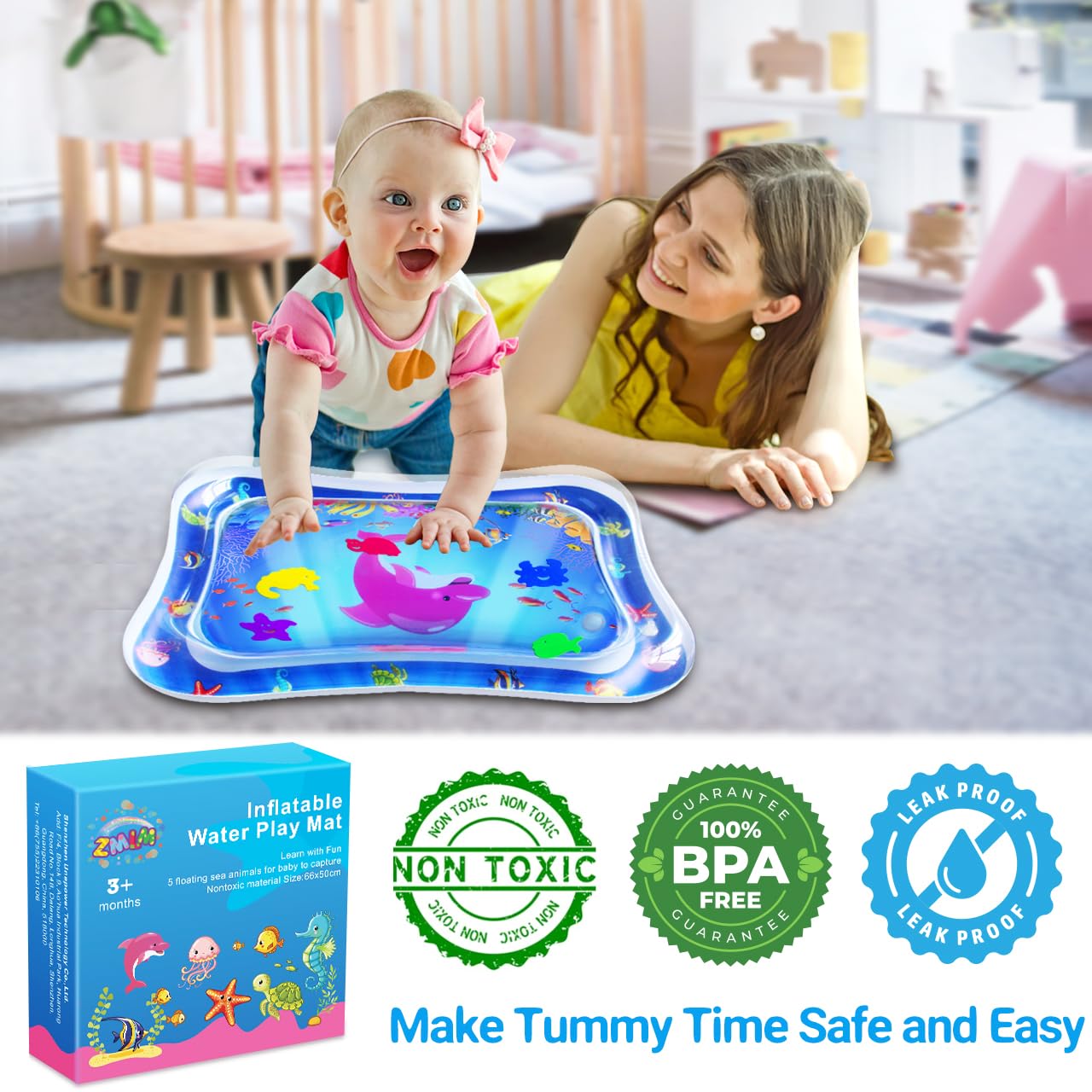 ZMLM Inflatable Baby Tummy Time Water Play Mat - Sensory Activity Toy for Newborns & Infants 3-12 Months | Developmental Toy for Boys & Girls | Perfect Easter Gift & Toddler Playmat (Blue) - Great for Floor Play, Sensory Development & Early Learning Activities