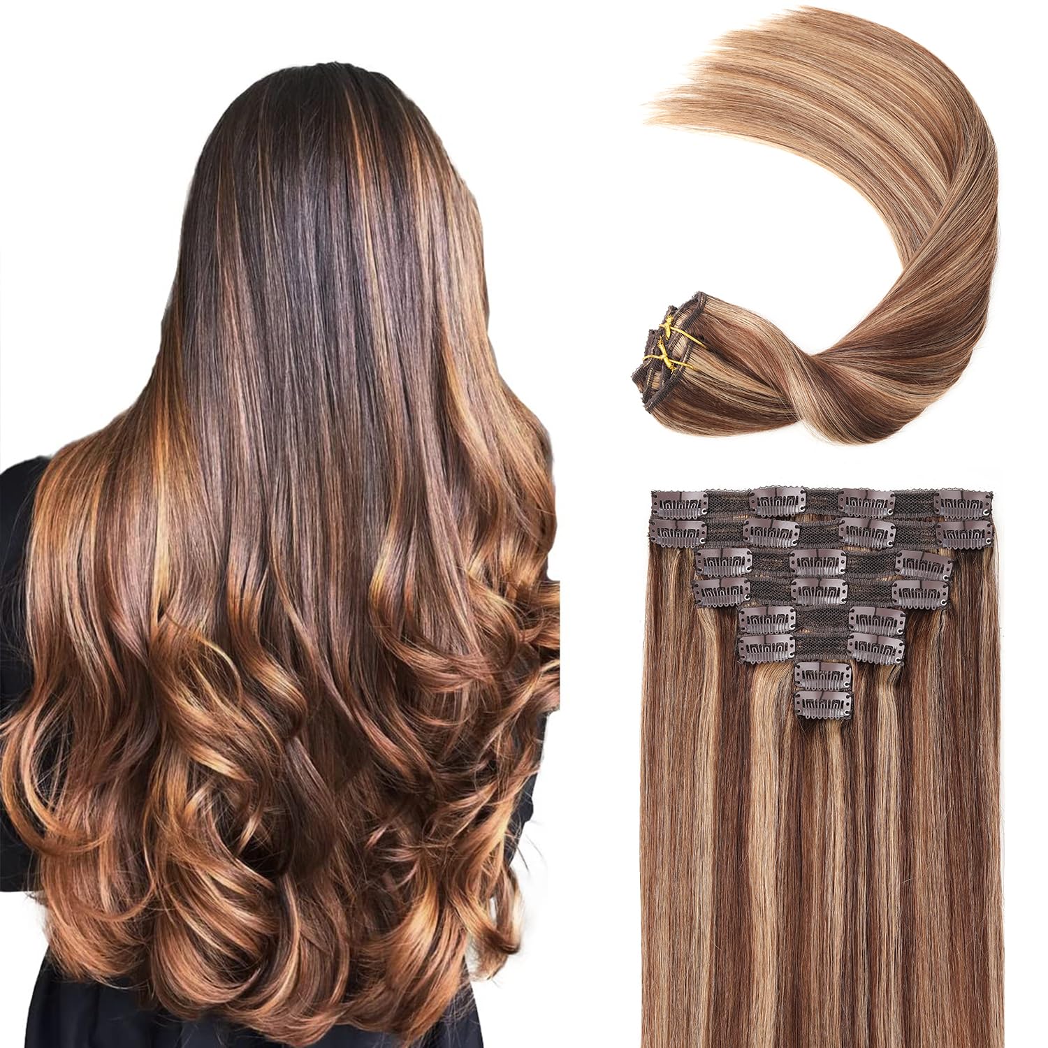 Clip in Human Hair Extensions 14inch - 8pcs 120g Real Human Hair Extensions Straight with 4/27 Balayage (Strawberry Blonde to Medium Brown) - Perfect for Daily Styling, Volume Boost & Special Occasions