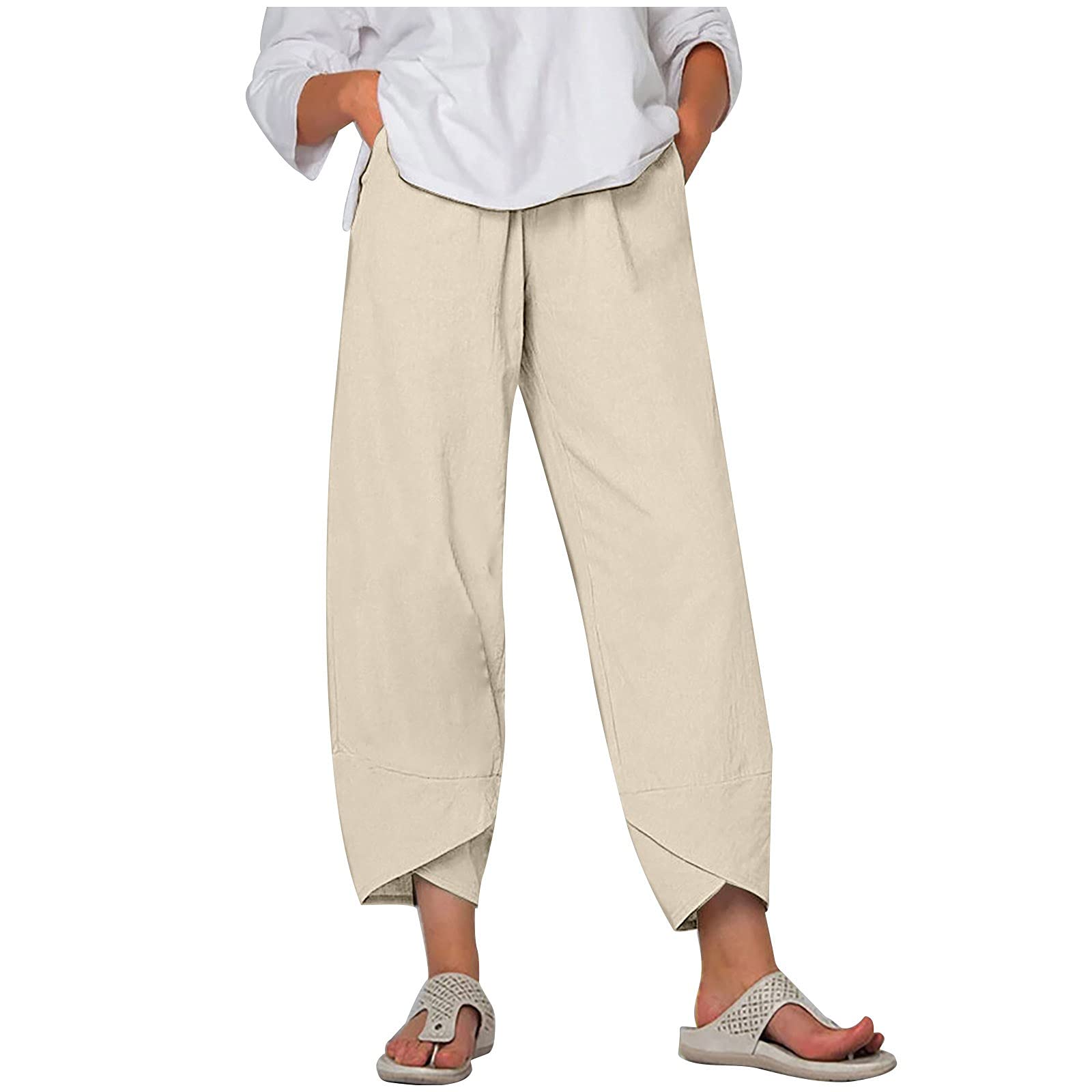 Women's Capri Pants - Casual Summer Cotton Linen Cropped Pants with Pockets, Loose Harem Yoga Pants, Comfortable Printed Trousers for Women | Perfect for Yoga, Beach, Travel & Lounge Wear