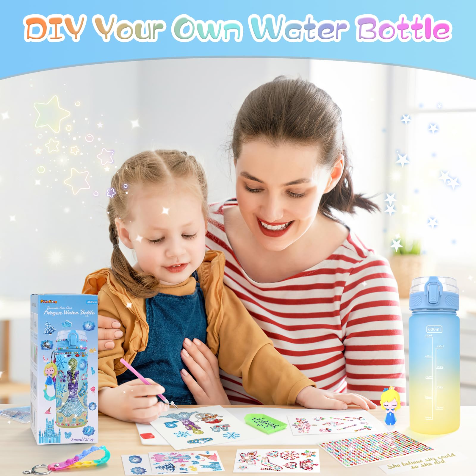 PERRYHOME DIY Frozen Water Bottle Decorating Kit for Girls Ages 4-10 - Creative Painting Craft Set with Frozen Toys - Fun Art Activity Gift for 6-12 Year Old Girls - Perfect for Birthday, Christmas & Summer Camp Crafts