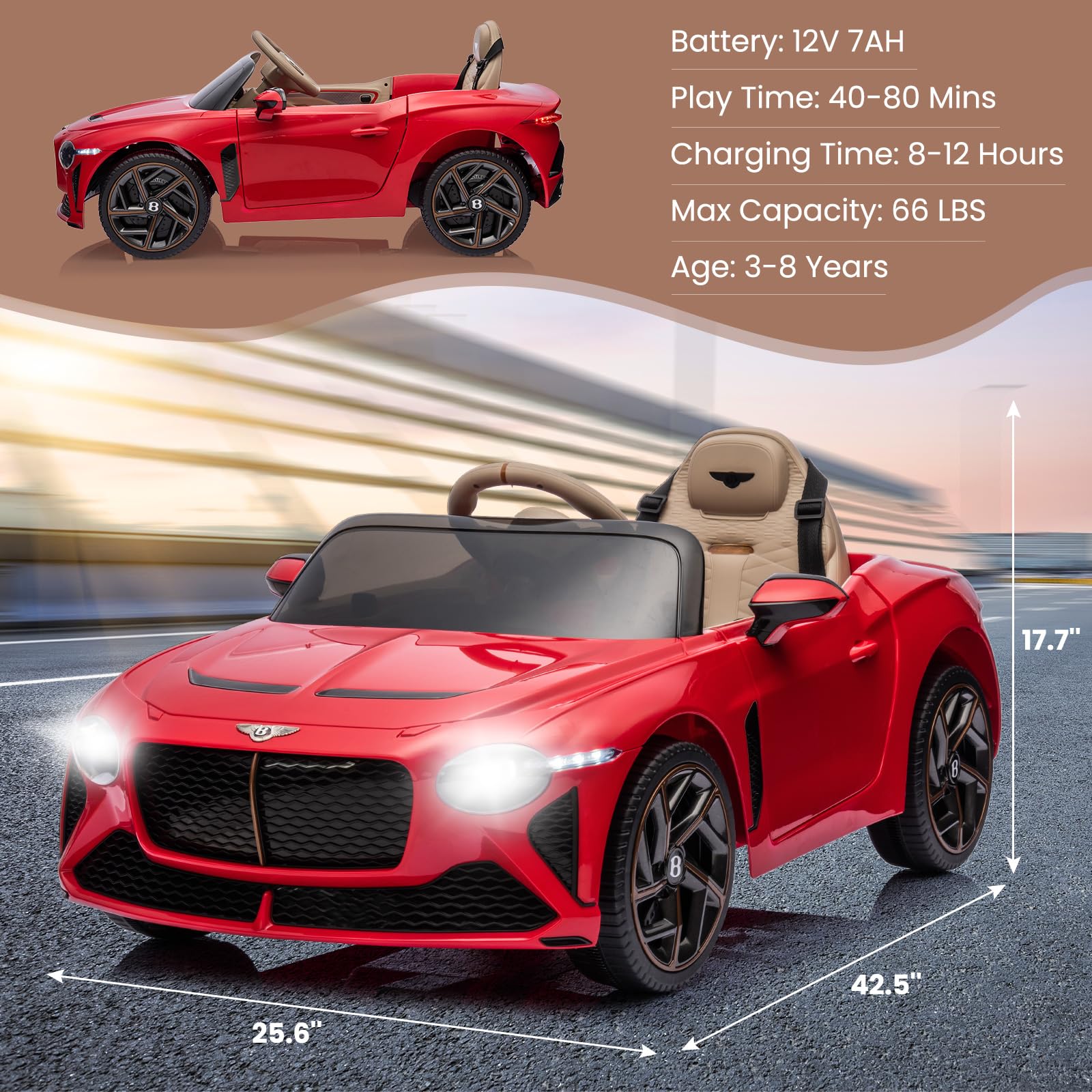 Hetoy 12V Kids Ride On Car - Licensed Bentley Bacalar Electric Vehicle with Parent Remote Control, Scissor Doors, 3 Speed Modes, LED Lights & Music - Red Battery Powered Toy Car for Boys & Girls - Perfect for Birthday Gifts, Outdoor Play & Backyard Fun