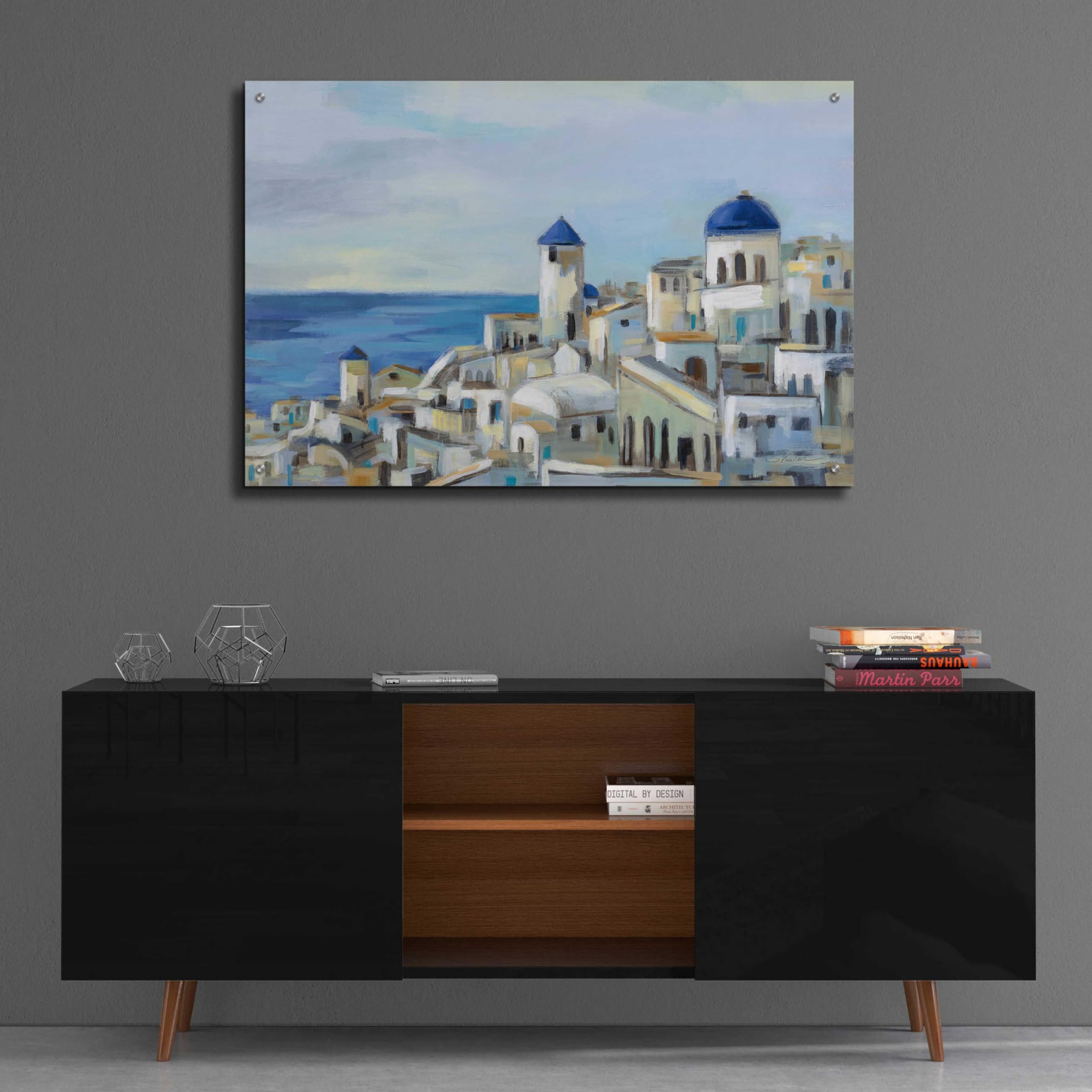 Silvia Vassileva 'Santorini View I' Acrylic Glass Wall Art - 36x24 Inches Modern Home Decor for Living Room, Bedroom & Office