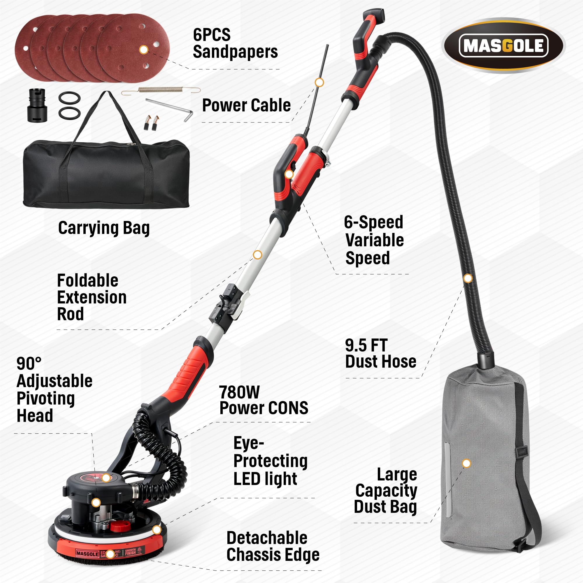 780W Electric Drywall Sander with Vacuum Dust Collector - 6 Variable Speed (900-1800 RPM), Extendable Handle & LED Light - Includes 6 Sanding Discs - Perfect for Home Renovation, Wall Smoothing and Professional Drywall Finishing